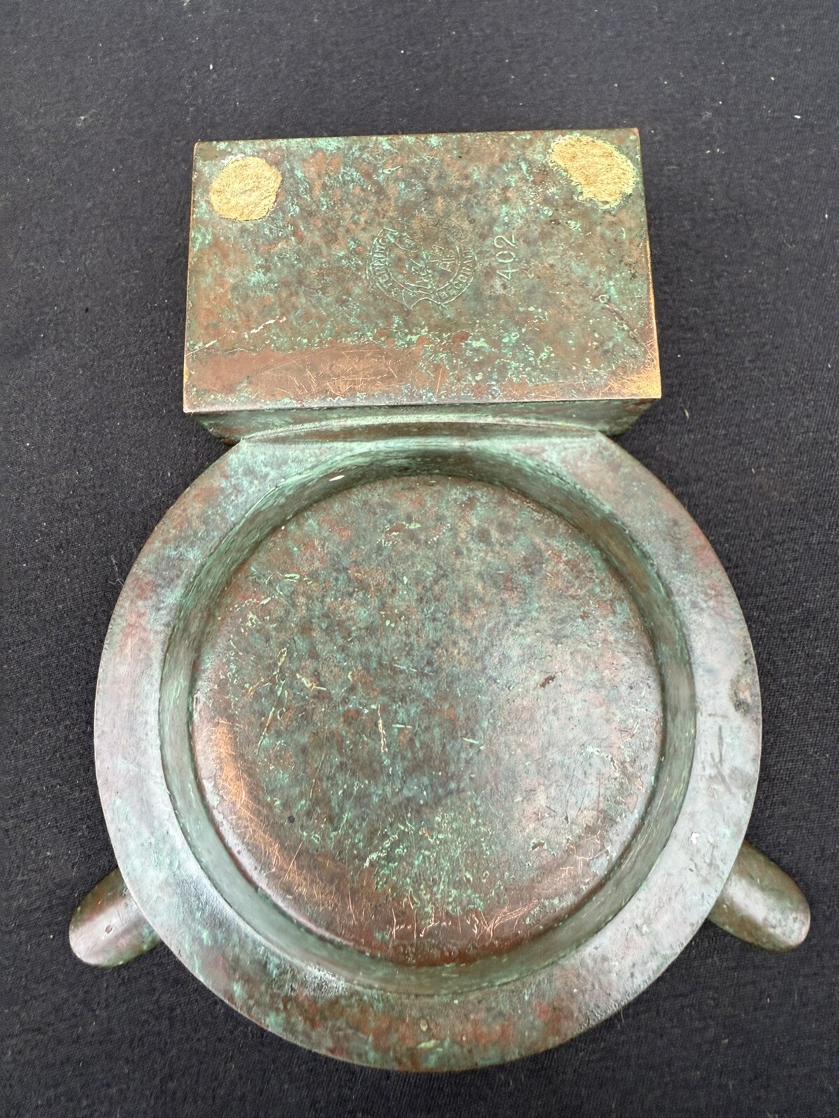 Silver Crest Bronze Ashtray Match Holder #402 Antique Patina Art Deco RARE