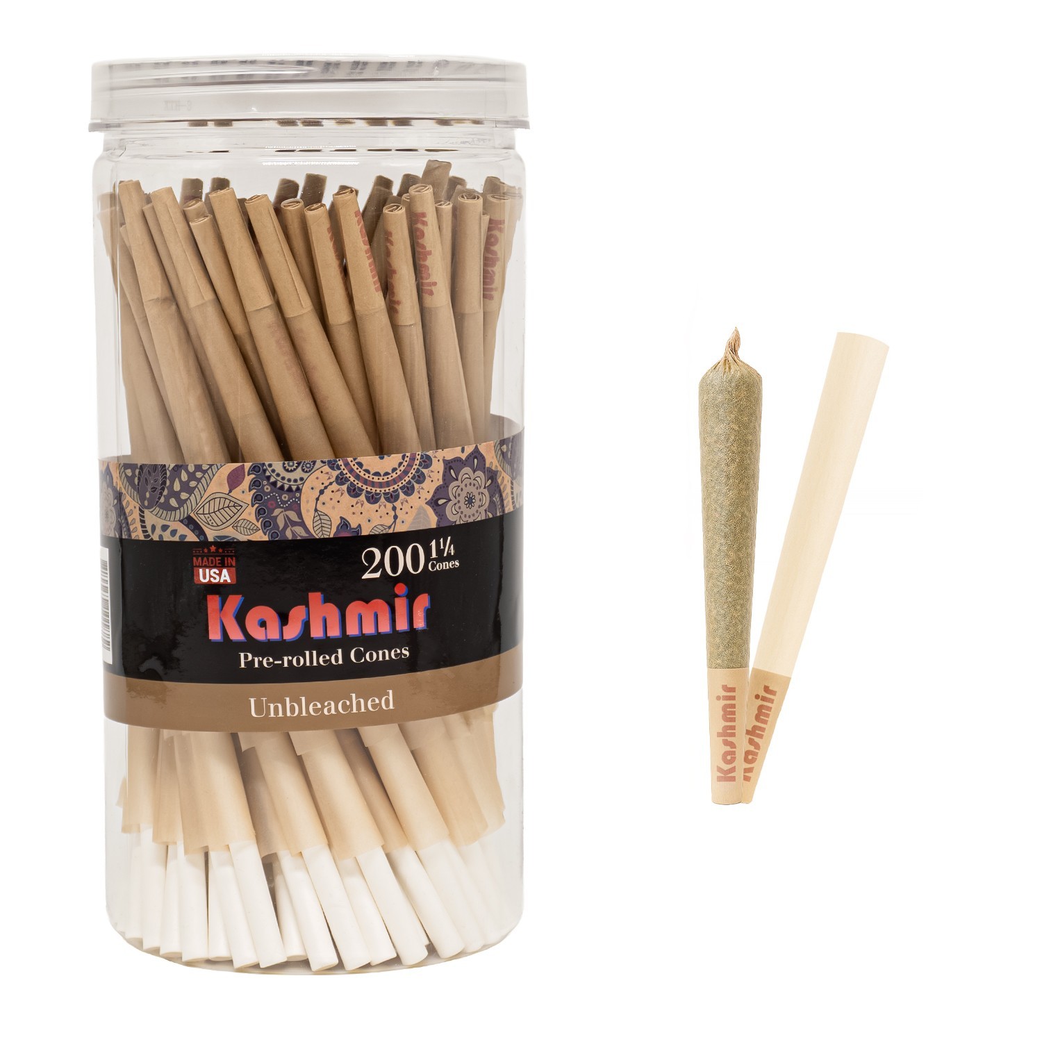 Unbleached 1 1/4 Size Pre Rolled Cones 200 Pack Classic Rolling Cones Kashmir