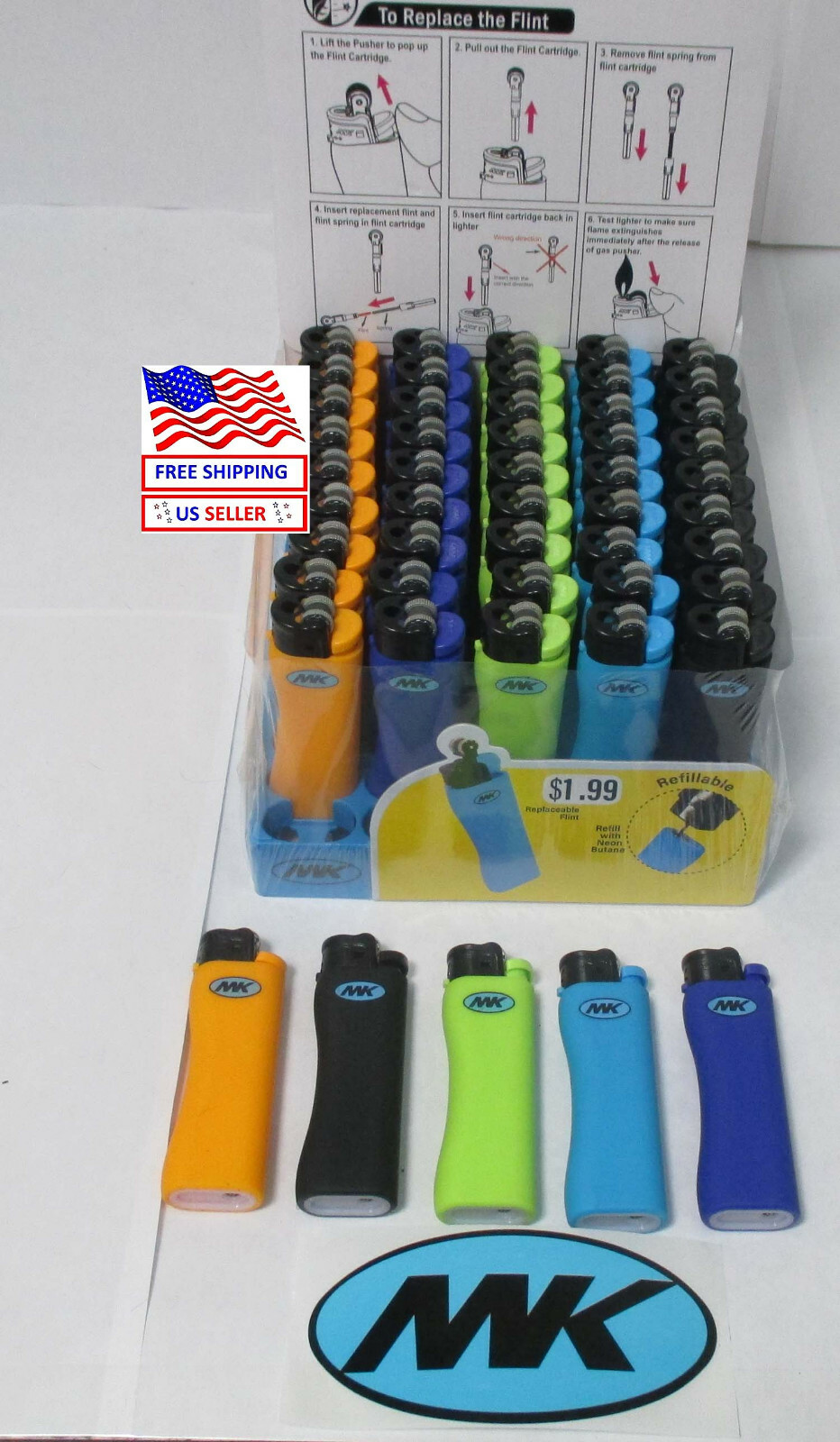 LOT OF 5,10,20,50– “MK” Grip Fulll Size Refillable Cigarette Premium Lighter