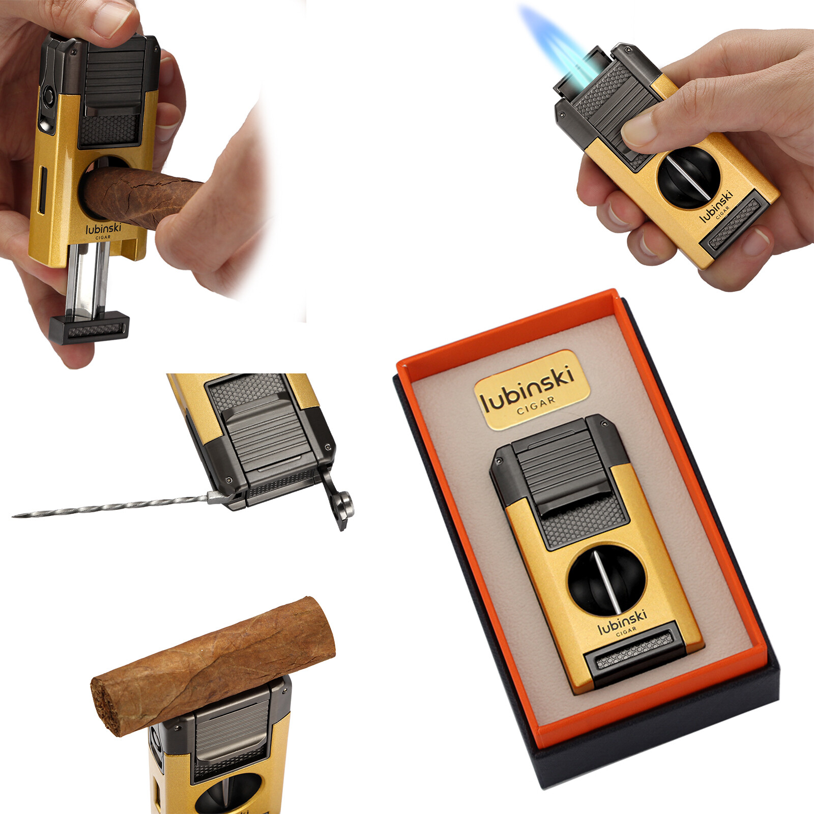 Lubinski Torch Cigar Lighter V-cut 2 Jet Flame Butane Cigar Punch Holder Needle