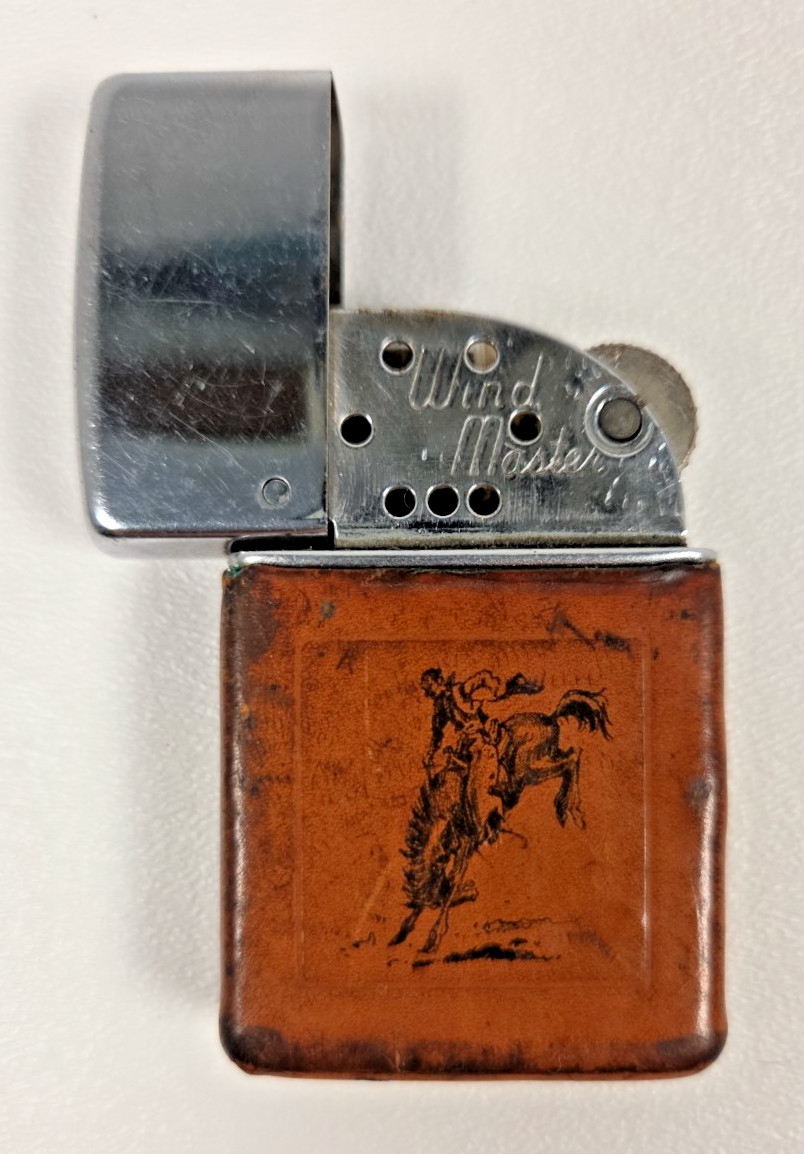 Vtg Brown & Bigelow Wind Master Lighter Western Cowboy Bronco Leather Wrap MCM