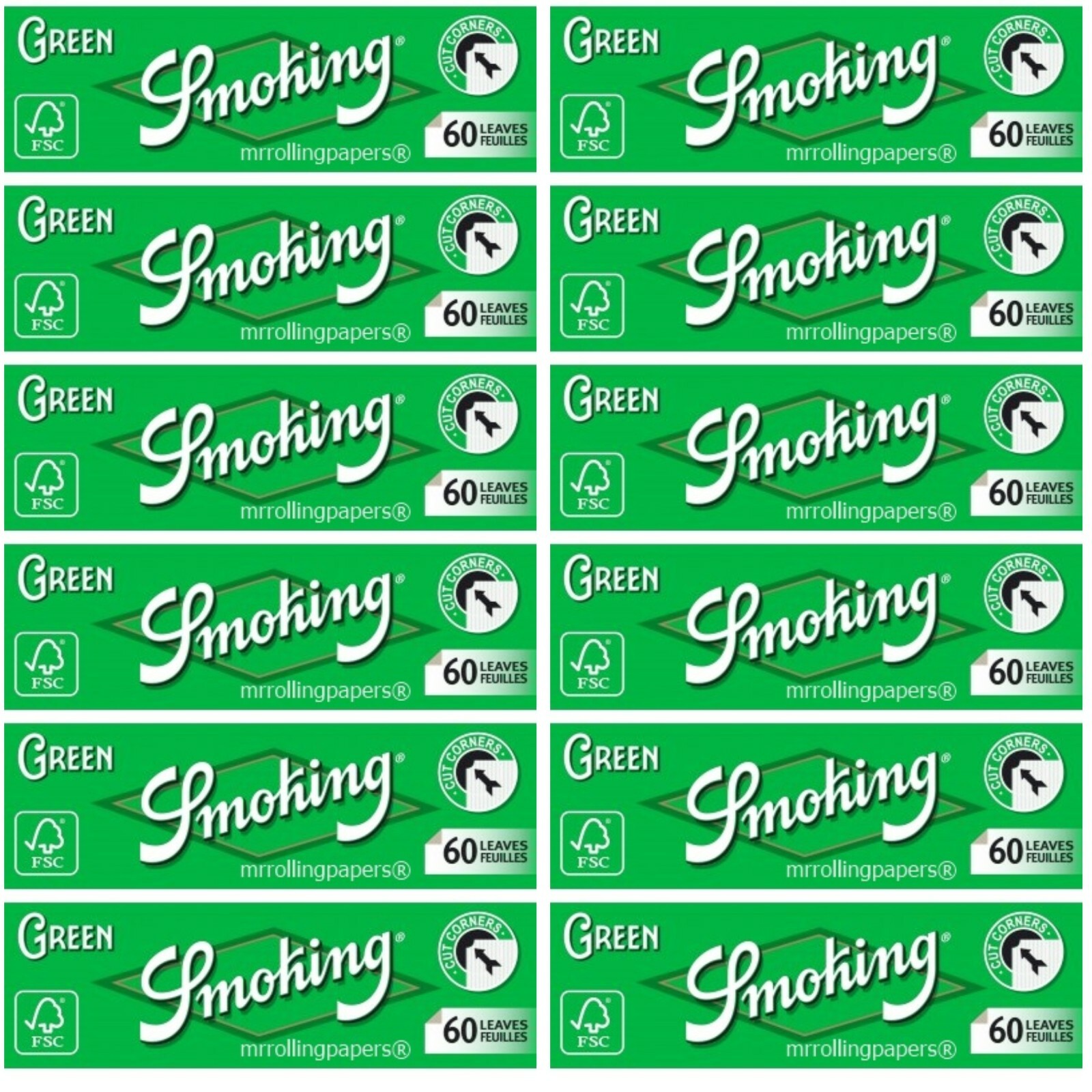 12x Smoking Green Cut Corners Rolling Papers Single Wide 60Lvs USA Shipped