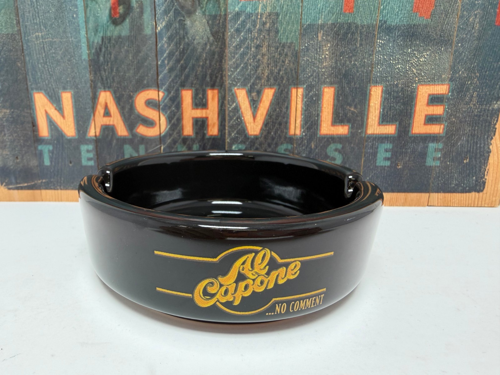 Al Capone Cigars Ashtray Ceramic Black Yellow Logo No Comment Tobacco Tobaccoria