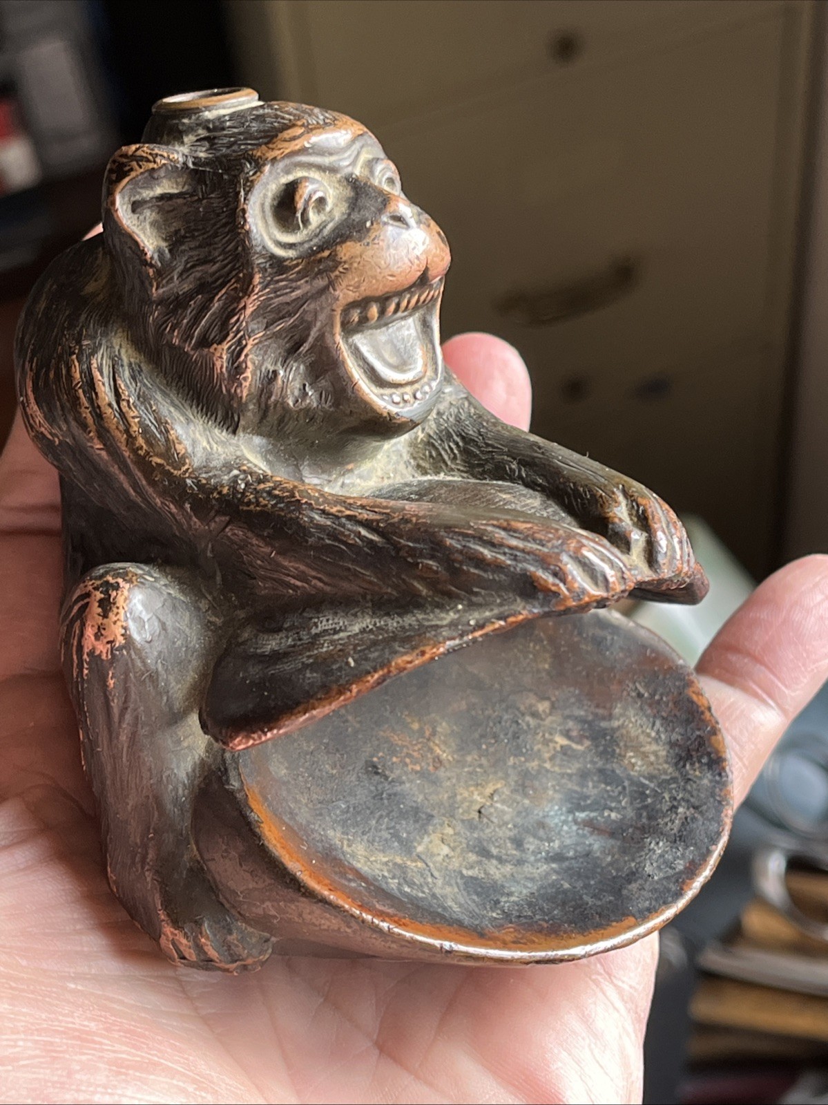 Vintage 1939 Ronson Monkey Striker Table Lighter & Ashtray bronze