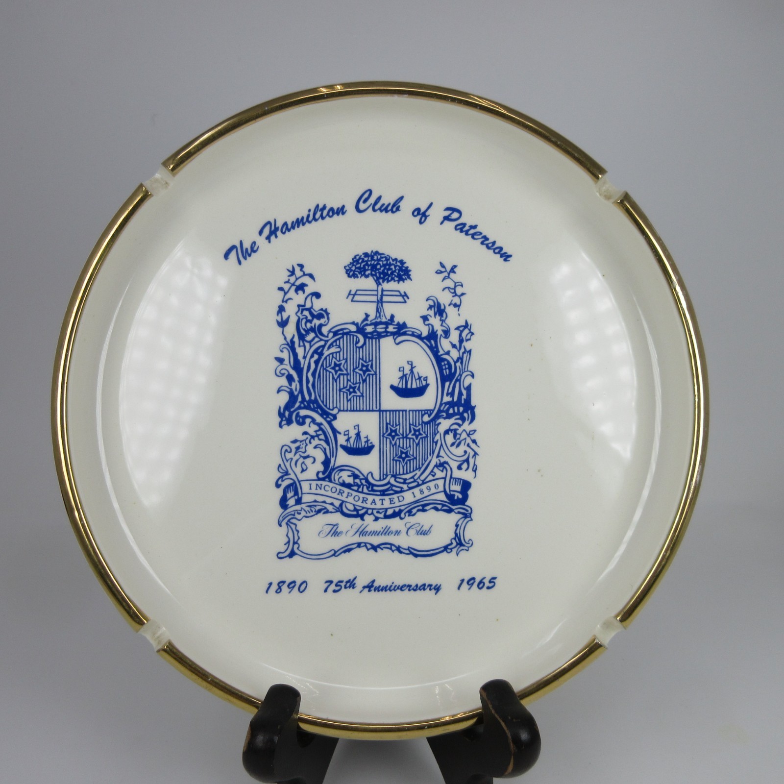 VINTAGE CHINA POTTERY ASHTRAY THE HAMILTON CLUB OF PATERSON N.J. 1965 75TH ANV.