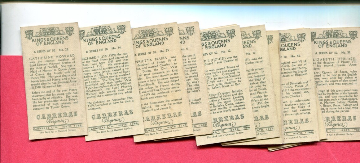 1935 CARRERAS LTD. KINGS & QUEENS OF ENGLAND 15 DIFFERENT TOBACCO CARD LOT