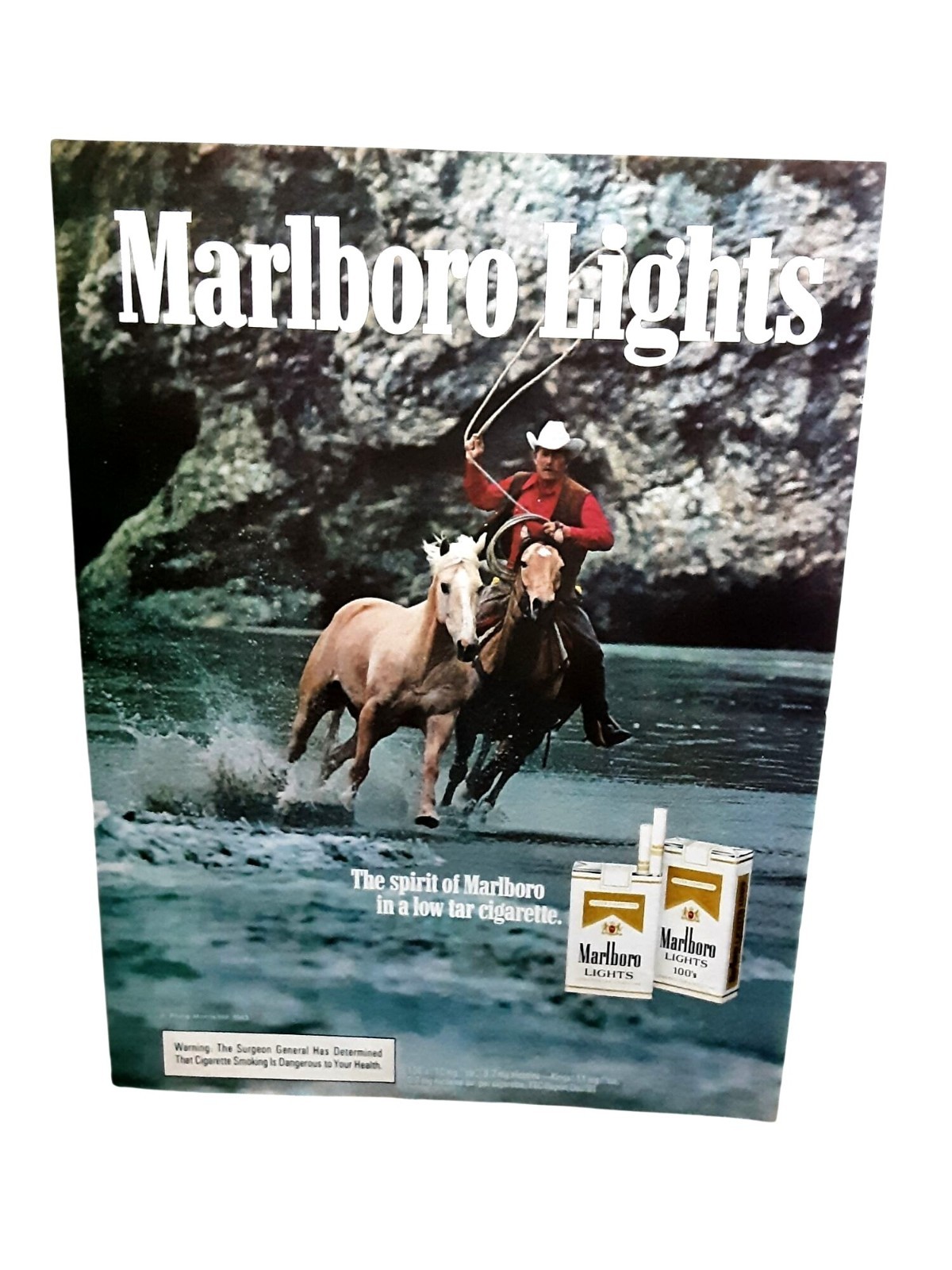 1983 Marlboro Lights Cigarette Ad Cowboy Horse River Vintage Print