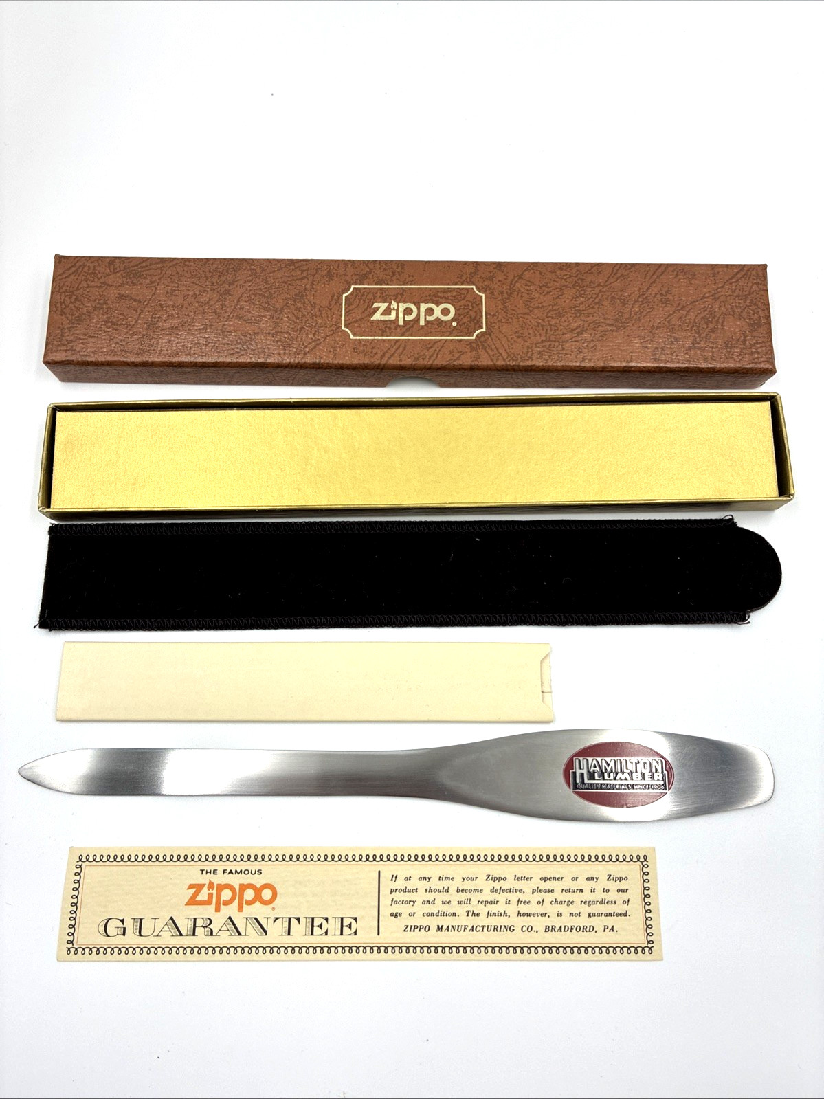 Super ZIPPO Letter Opener Hamilton Lumber Advertising Box Sleeve Paper a374