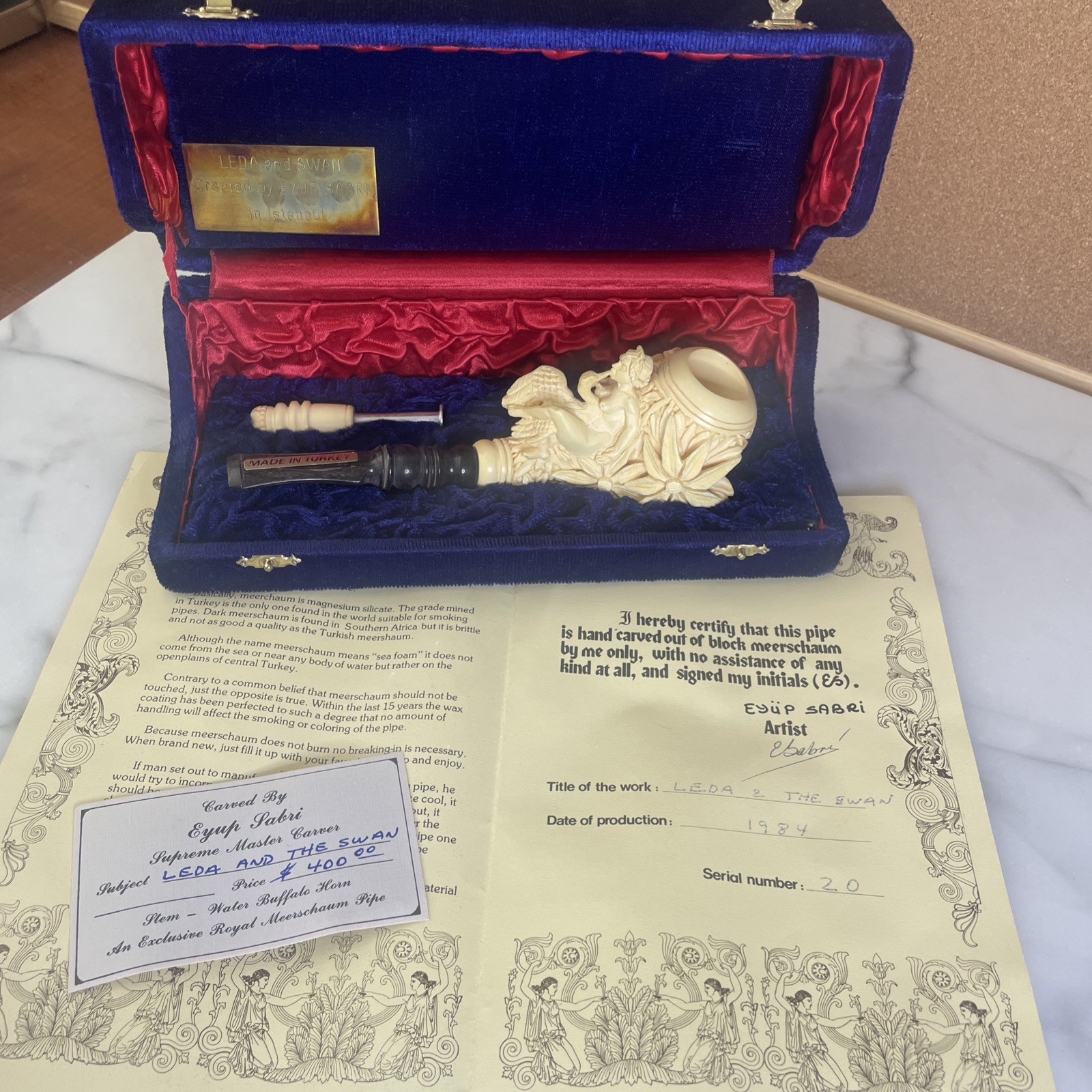 Estate Eyup Sabri Meerschaum Pipe 1984 Leda & The Swan w/signed Certificate