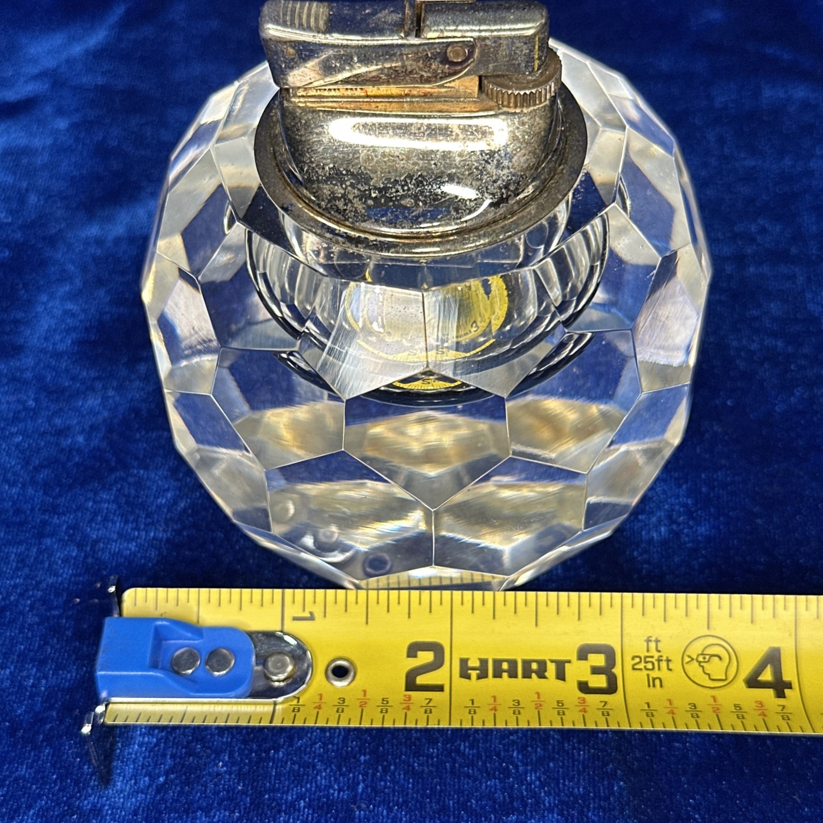 Vintage Heavy Clear Crystal Cut Glass Gas Table Lighter Chrome Top