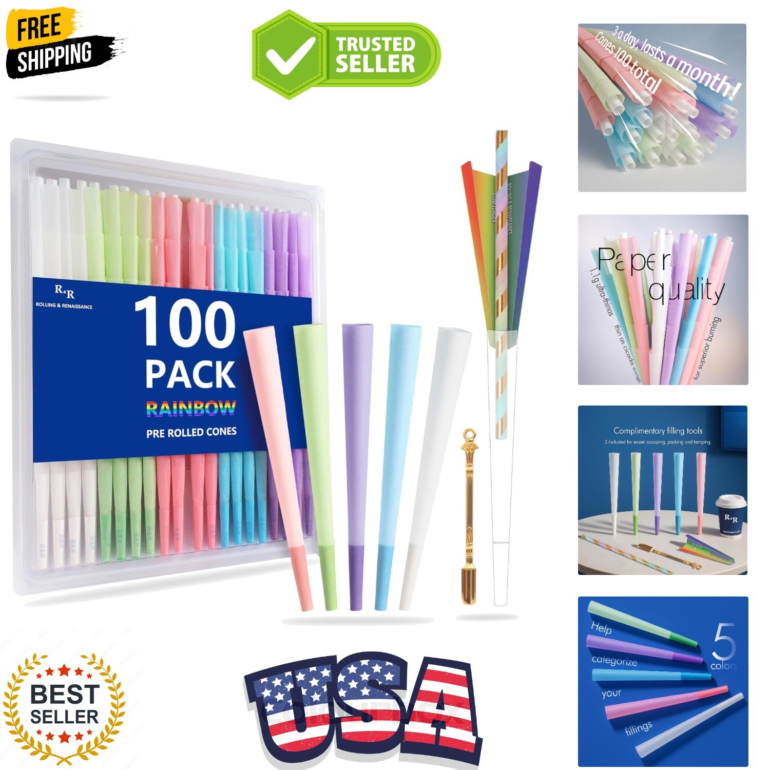 100 Pack Colorful Rolling Papers Pre Rolled Cones King Size – 108mm King Size