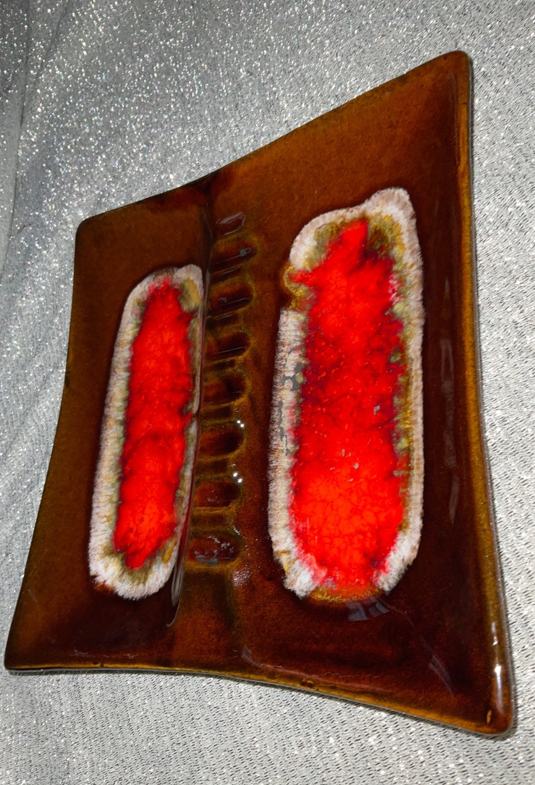 Ashtray Orange Brown MCC Glazed Square 8.5″ Made in USA Vintage Retro (Chipped)