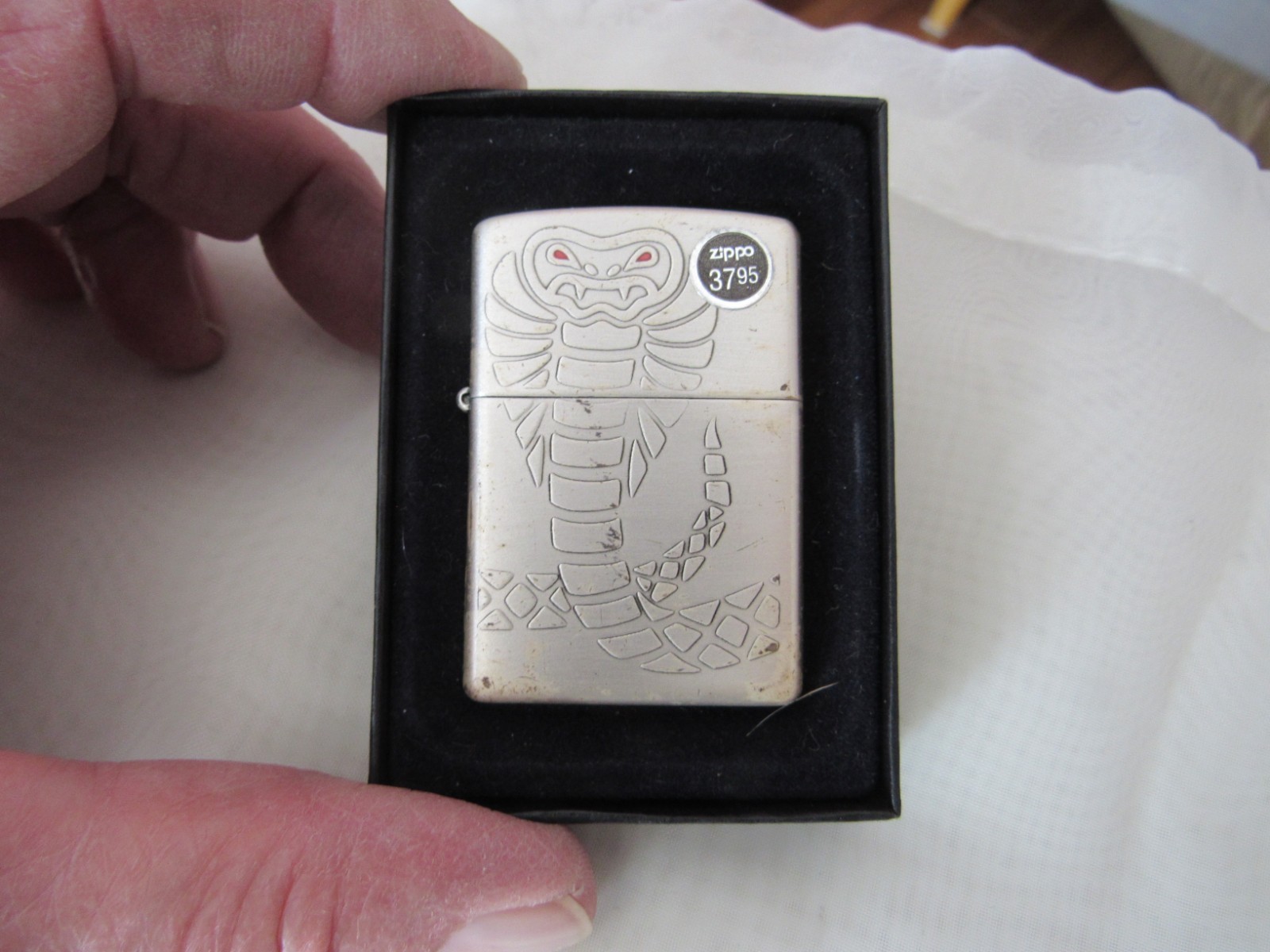 Vintage NOS Zippo Cigarette Lighter Silver Matte Red-Eyed Cobra A 06