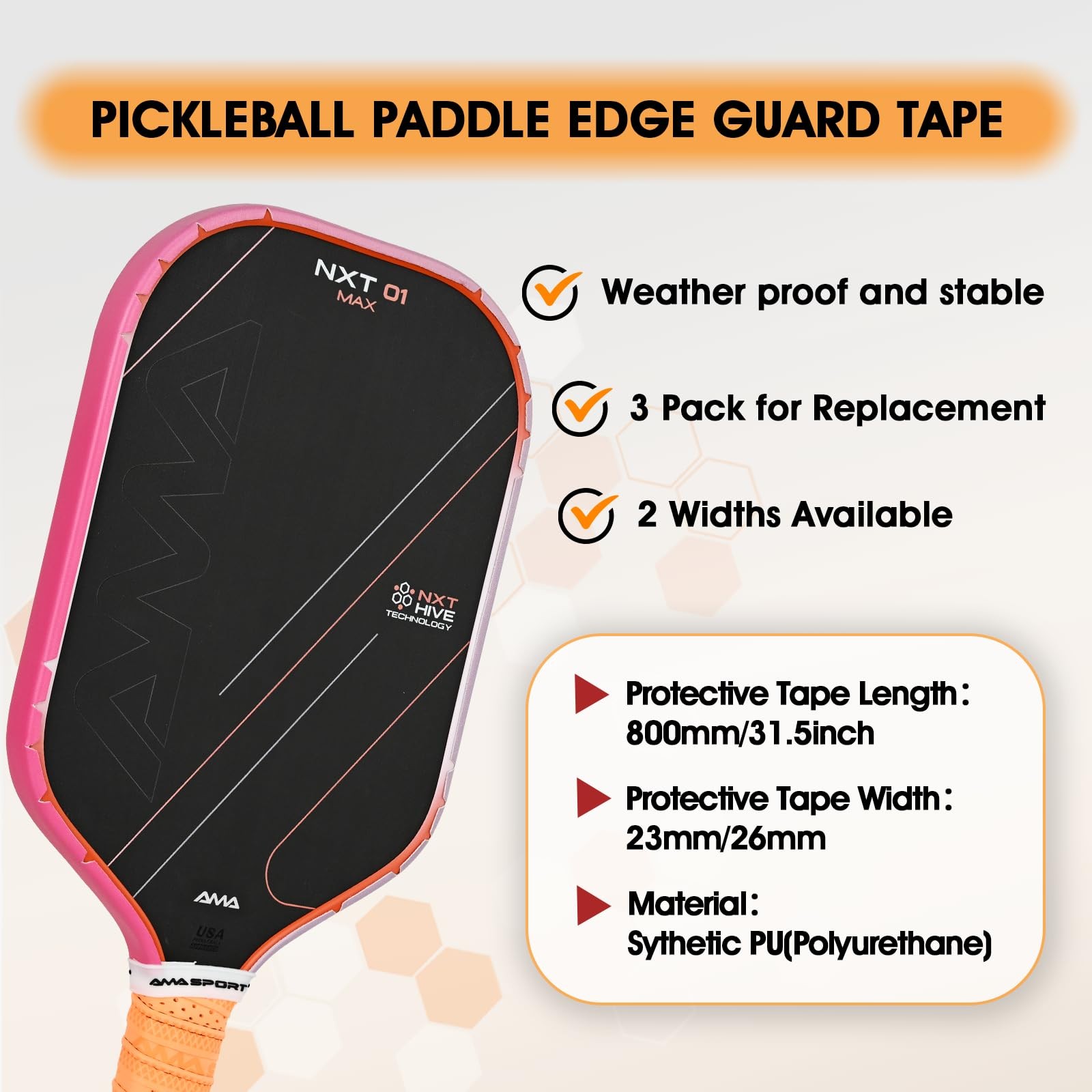 AMA SPORT Pickleball Paddle Edge Guard Tape 3-Pack 23mm – Protects & Styles