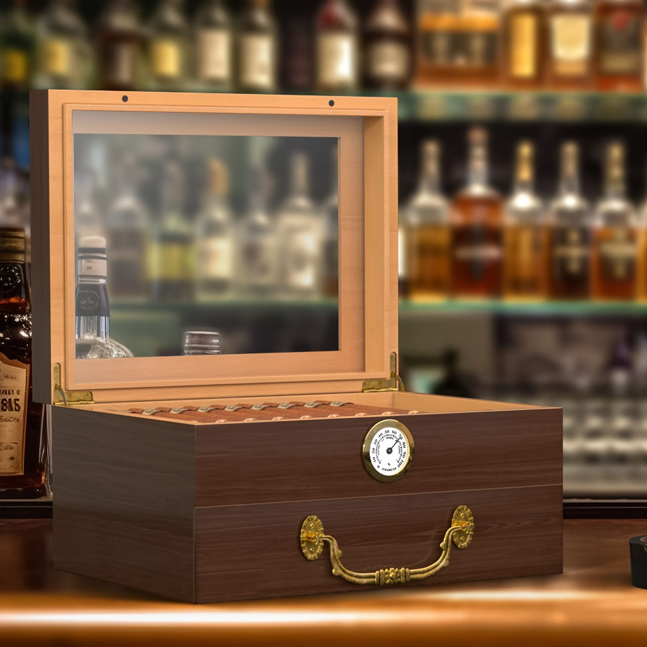 Cigar Humidor Box Glass Top Cedar Lined Hygrometer Lock Brown Case