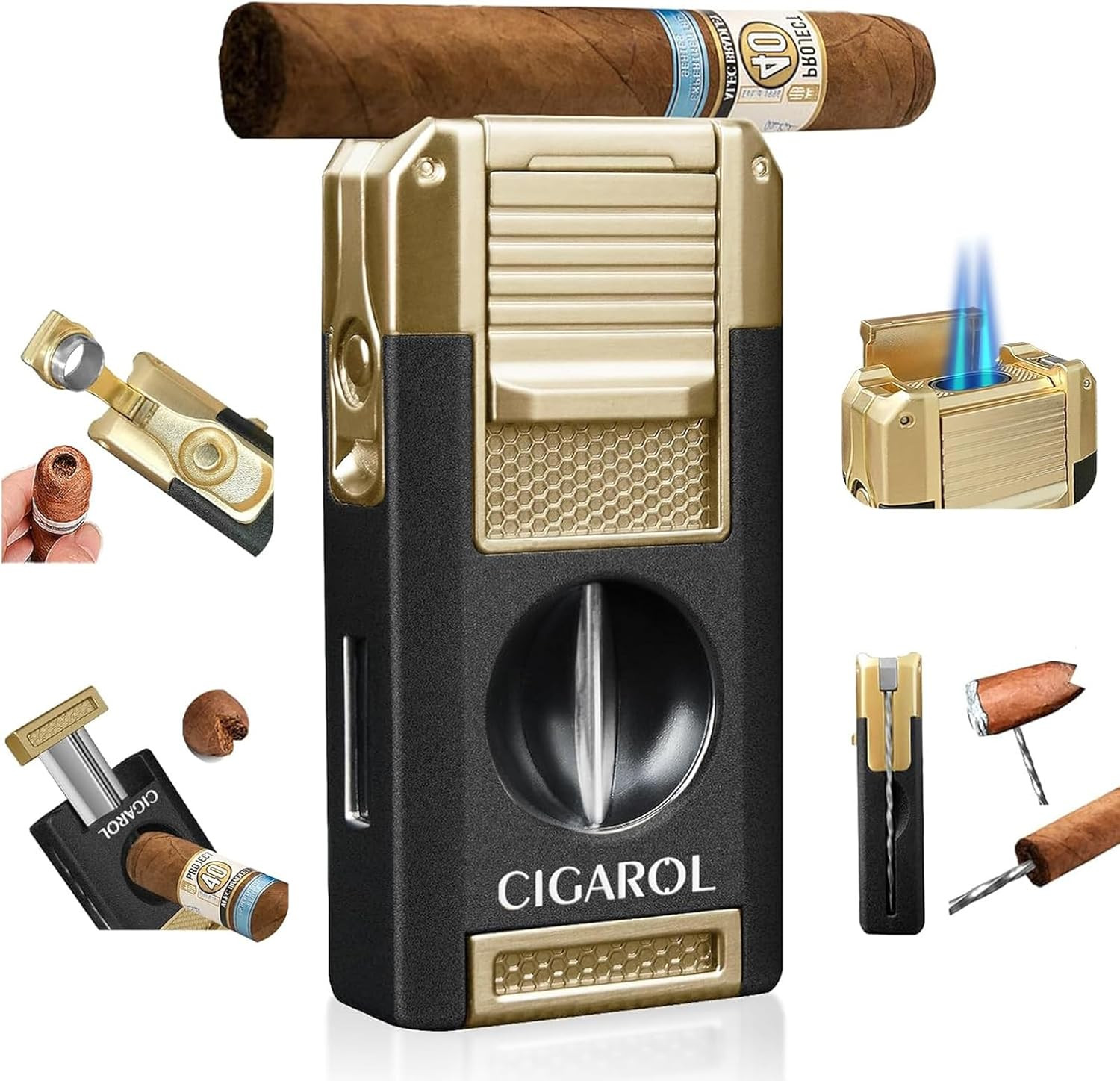 5-in-1 Cigar Torch Lighter Double Jet Flame V-Cutter Punch Refillable Gold