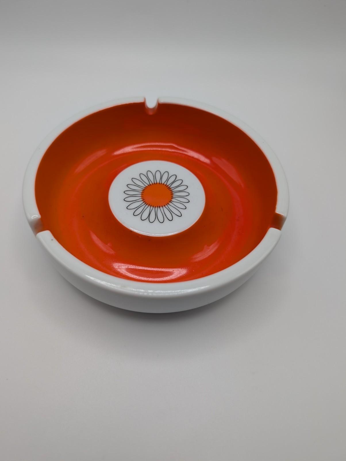 Vintage Orange Daisy Ashtray Mid Century Modern Milk Glass Retro 1970s