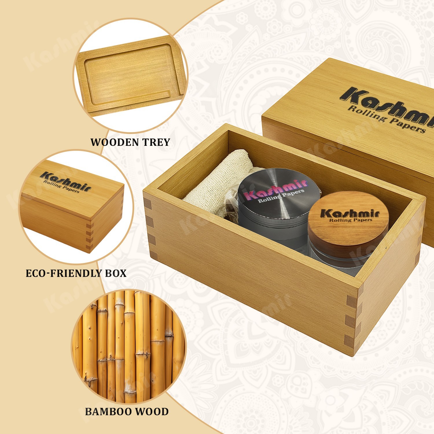 Kashmir Premium Bamboo Stash Box with Accessories, Jar &Grinder Wood Storage Box