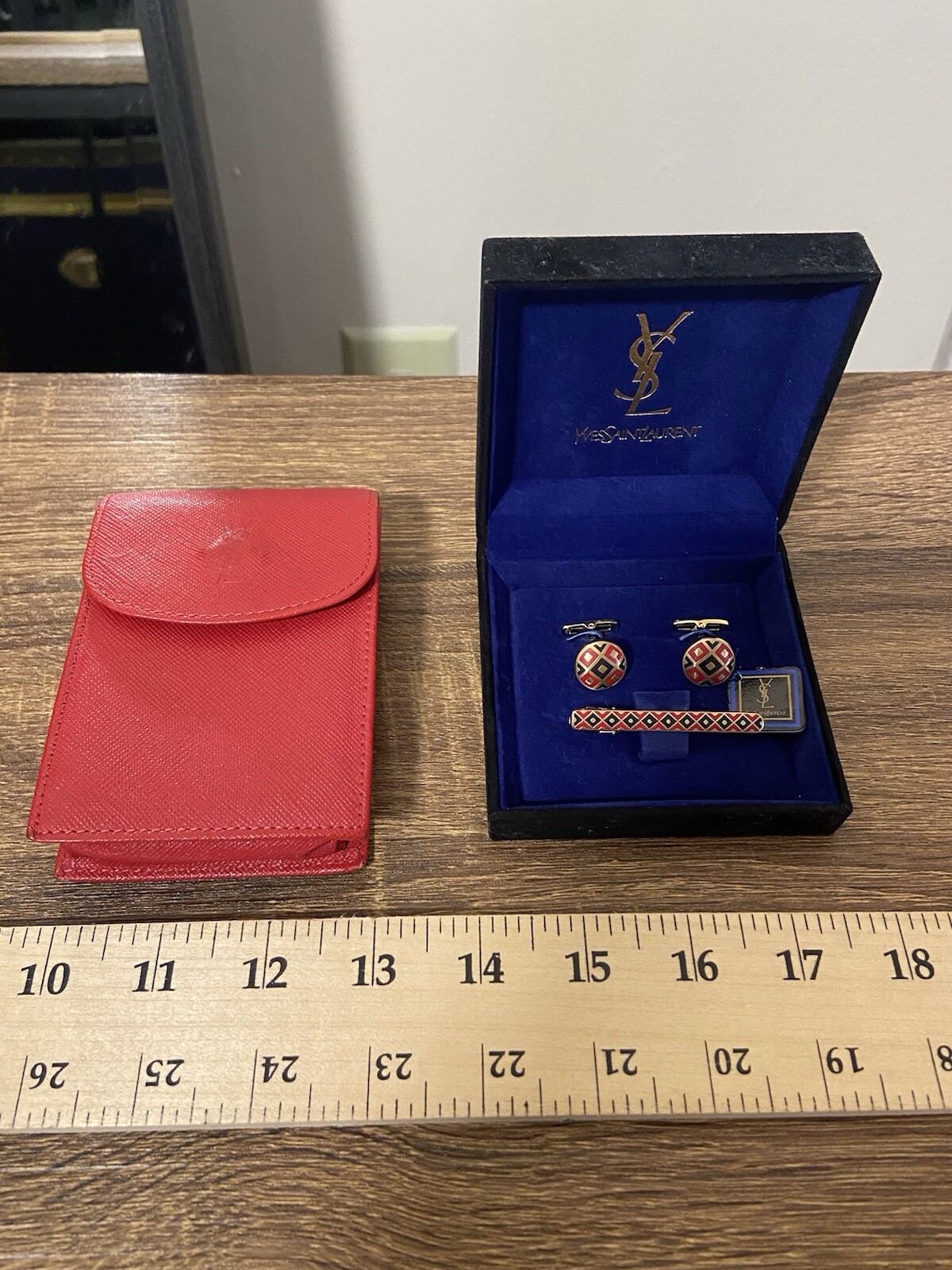 YSL Red Saffiano Leather Cigarette Case Pouch + Checkered Tie Bar Cuff Link Set