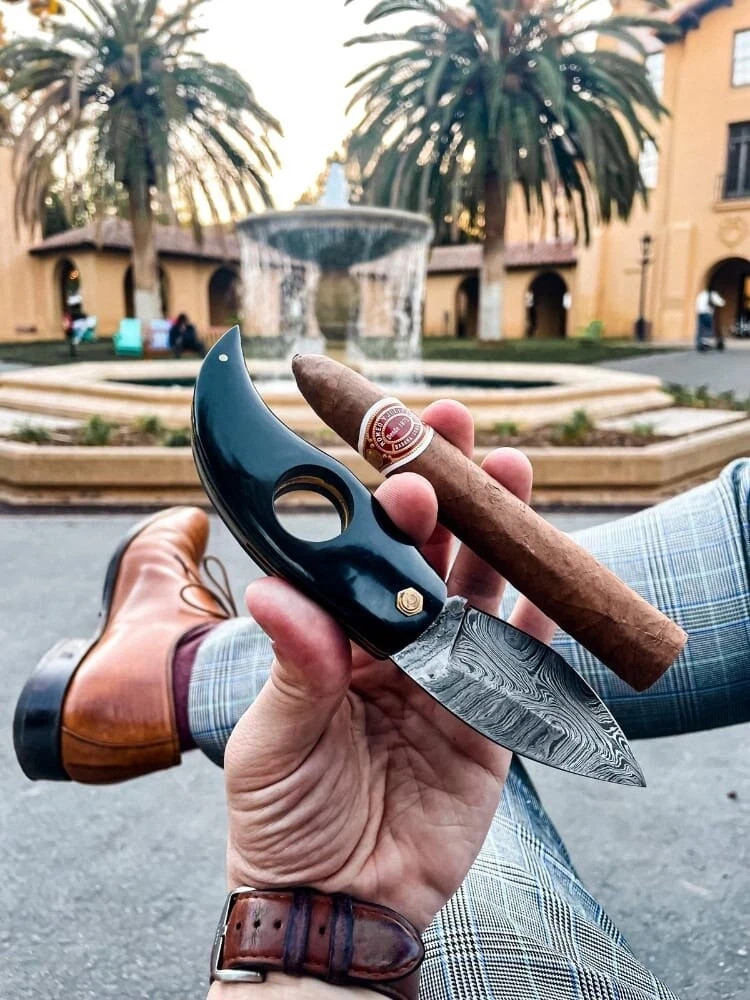 Handmade Damascus Cigar Cutter Buffalo Horn Handle w/ Leather Sheath Gift