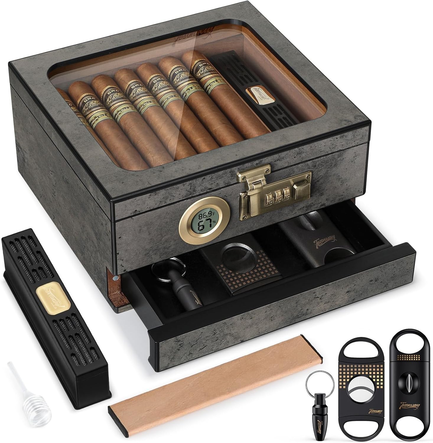 Cigar Humidor Cabinet, Desktop Cigar Humidor Glass Top, Cigar Gift for Men, with