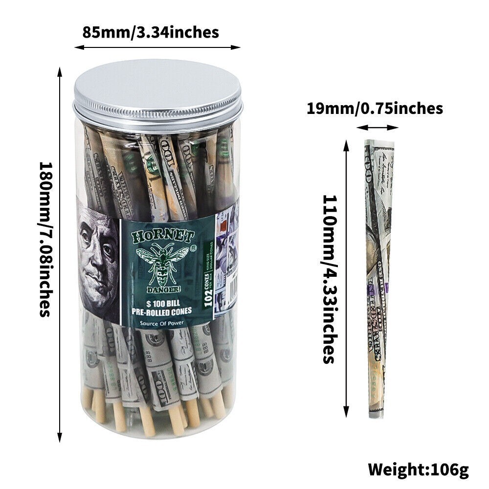 Hornet Dollar Bill King Size 100 Cones- Pre Rolled Paper Cones with Filter Tips