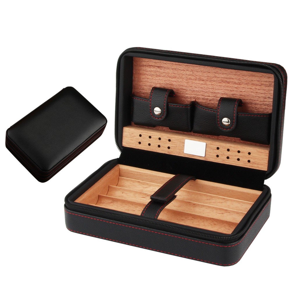 Cigar Case Portable Cedar Wood Leather Cohi Travel Humidor Box 4 Cigars Black
