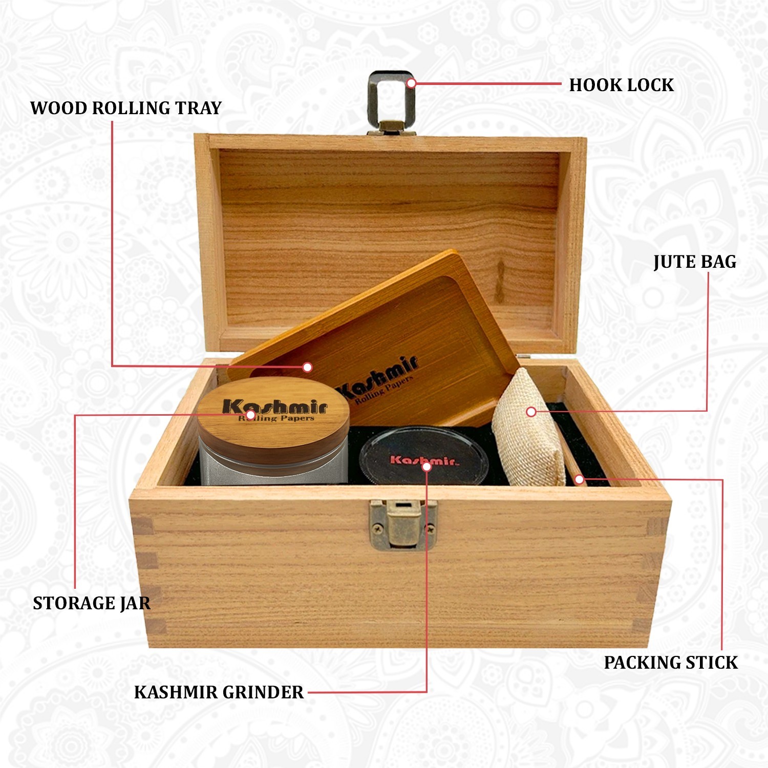 Cherry Stash Box with Accessories, Jar &Grinder Premium Wood Storage Box Kashmir