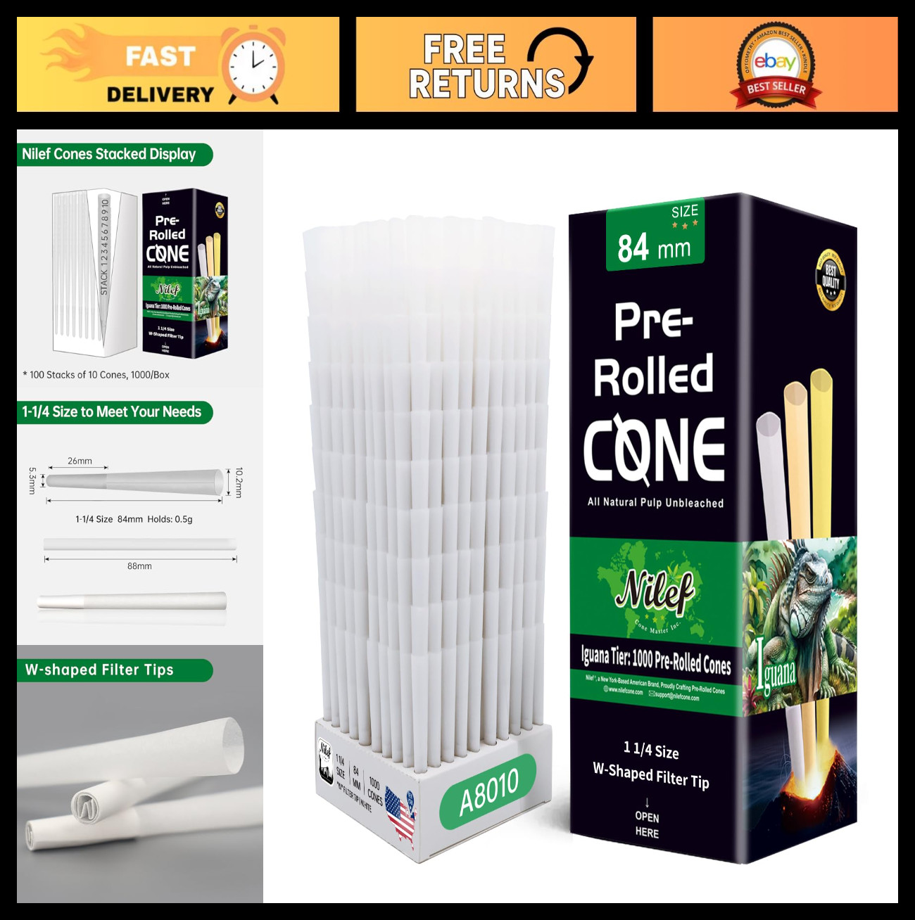 1000 Pack Pre Rolled Cones 1 1/4 Size 84mm Unbleached Rolling Paper with Filter