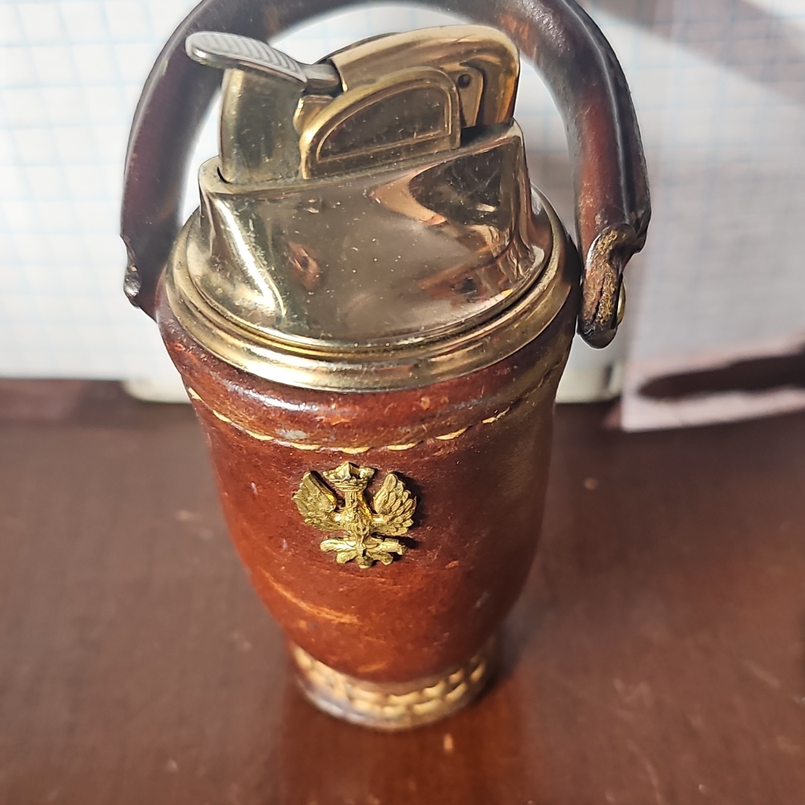 Brown Gold Table Lighter with Handle Leather-Wrapped Decorative Emblem