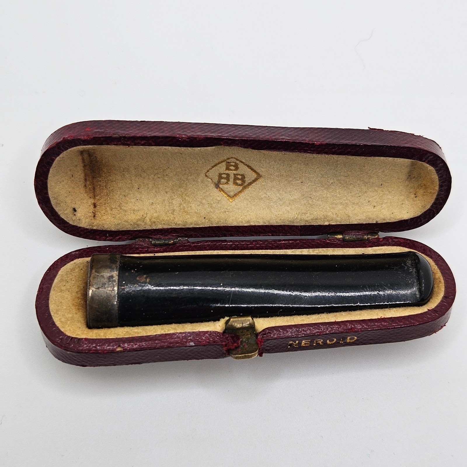 Vintage Victorian BBB Cigarette Holder Black Sterling Silver Rim Red Neroid Case