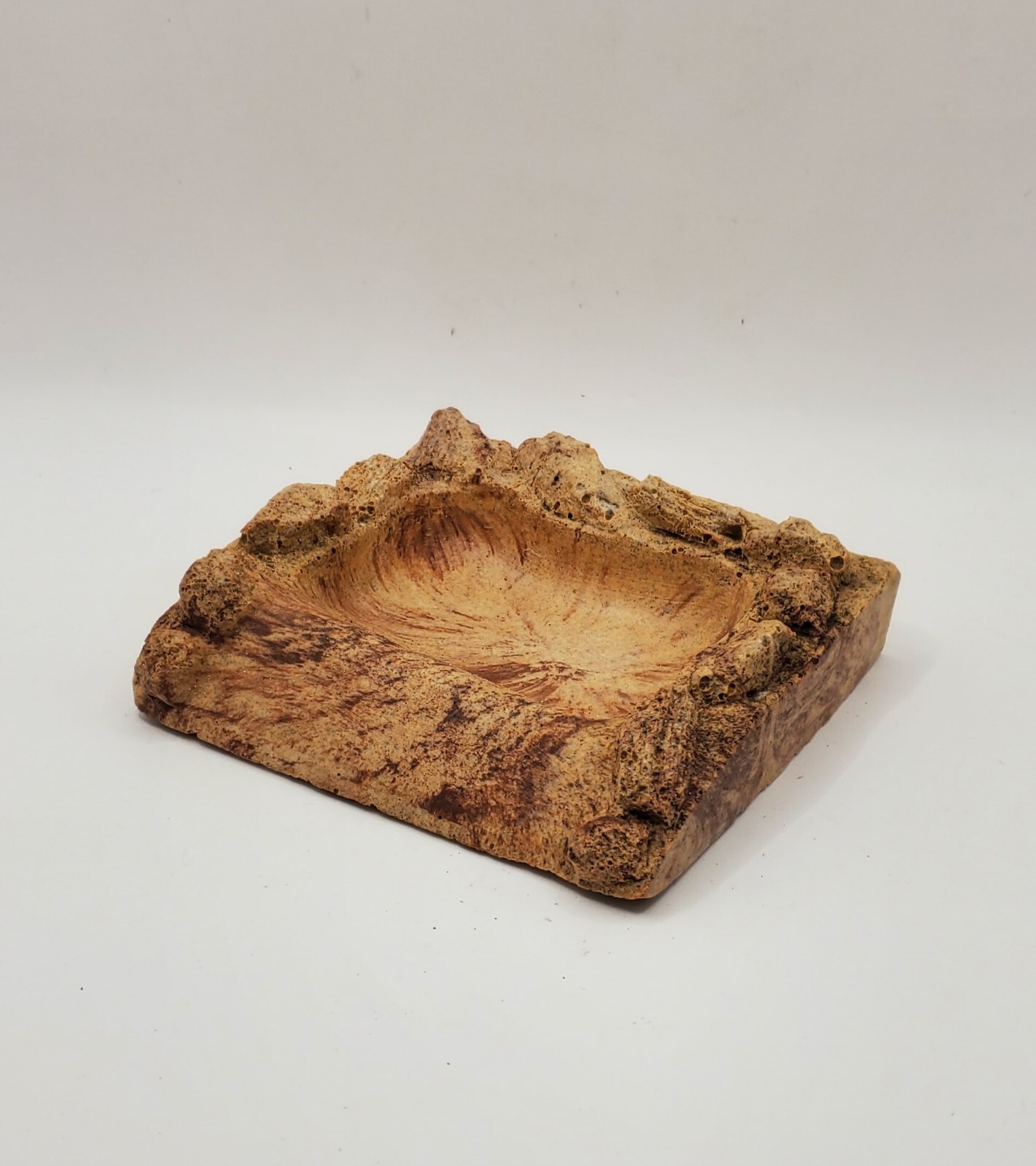 Vintage Handmade SandStone Pottery Brown Beige Stone-shaped Ashtray 4.5 × 5 In