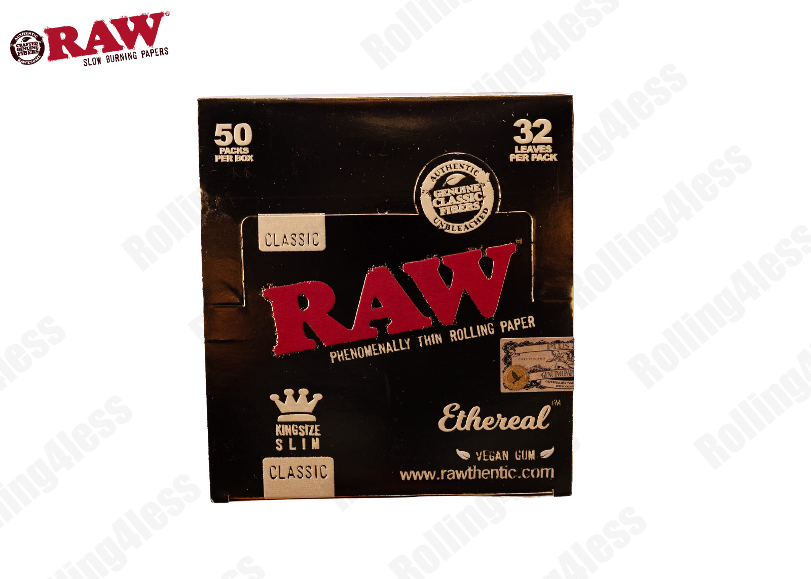 AUTHENTIC Raw Classic Ethereal KINGSIZE SLIM Unrefined Rolling Papers 50 Packs