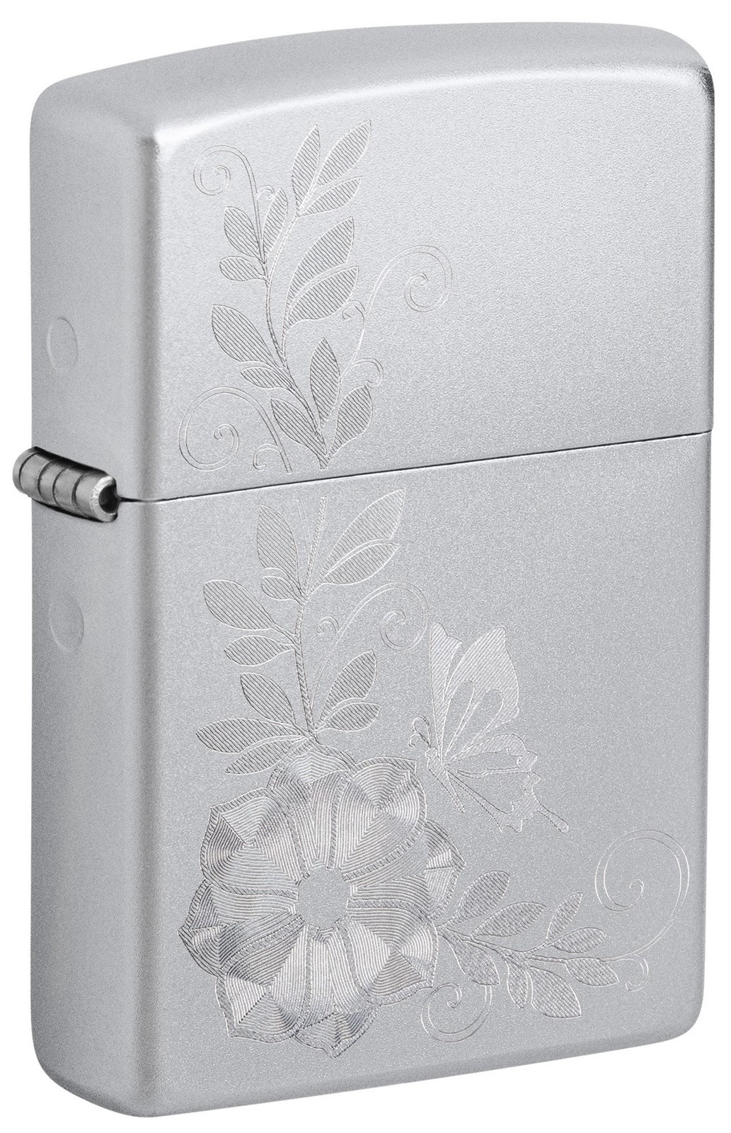 Zippo Lighter: Engraved Flower and Butterfly – Satin Chrome 81631