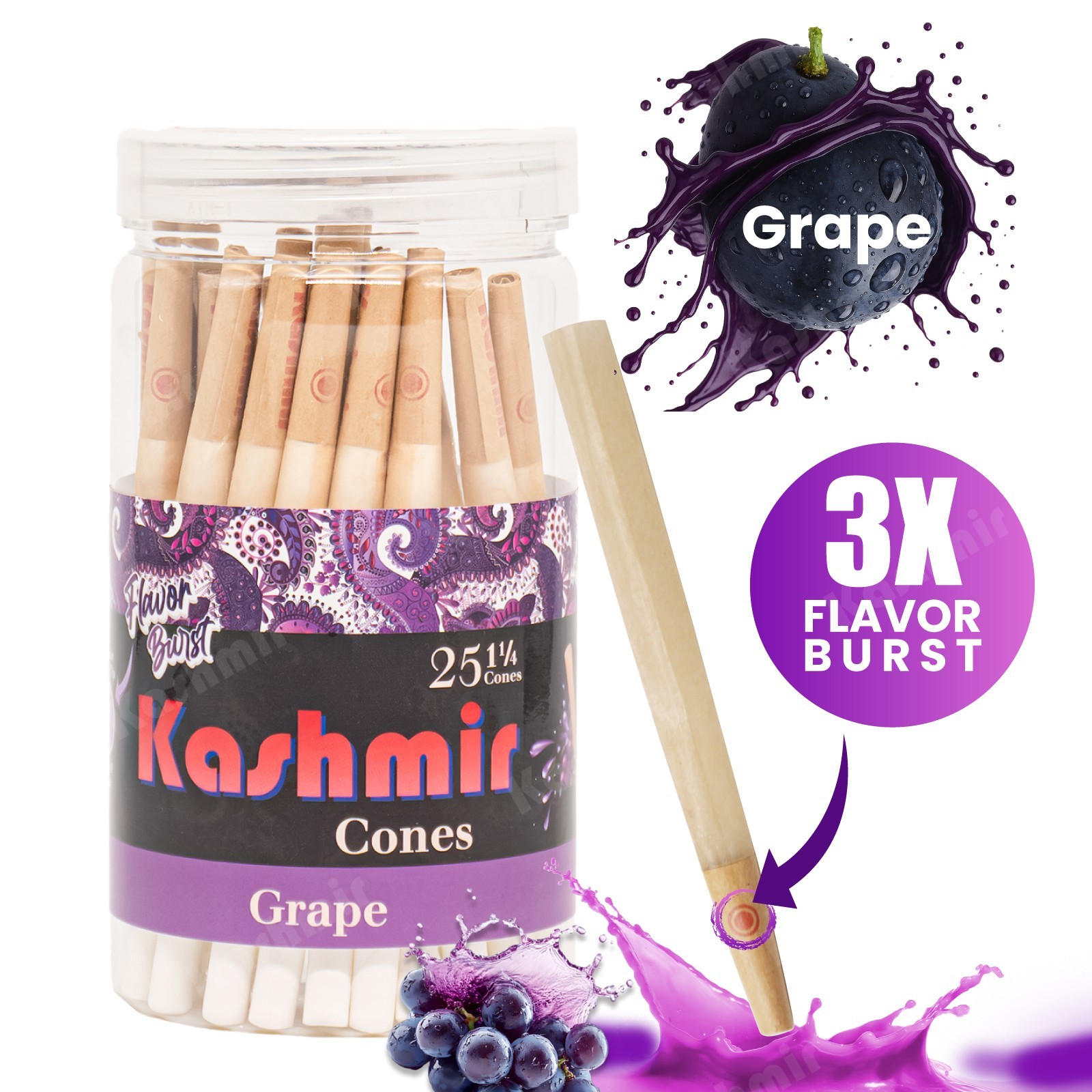 Kashmir Pre Rolled Cones Flavored 1 1/4 Grape Rolling Papers Cone 25 Count Jar