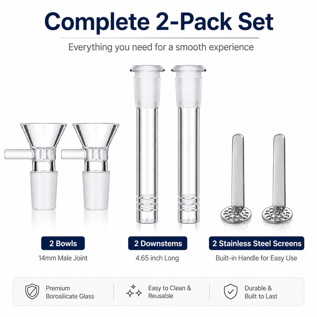 2-Pack 5.6” 14mm Glass Downstem and 14mm Male Bowl Piece for Glass Bong