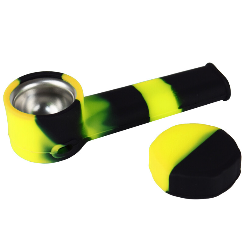 1pc Silicone Smoking Pipe with Metal Bowl & Cap Lid 3.4” Mini Pipe Black/Yellow