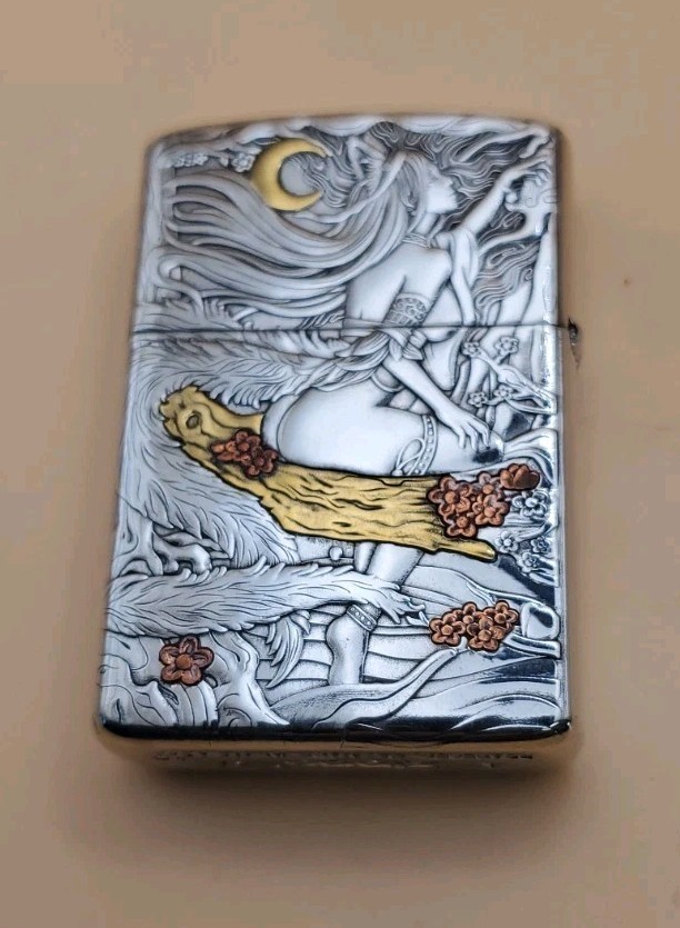 Zippo Lighter With A Double Sided Engraved Tri ColorSexy Lady Polished Chrome