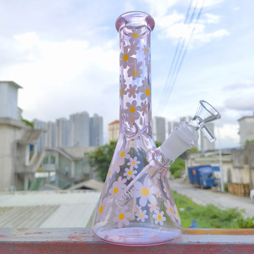 1X 10” Smoking Hookah Handcraft Pink Daisy Glass Bong Water Pipe +Glass Bowl US