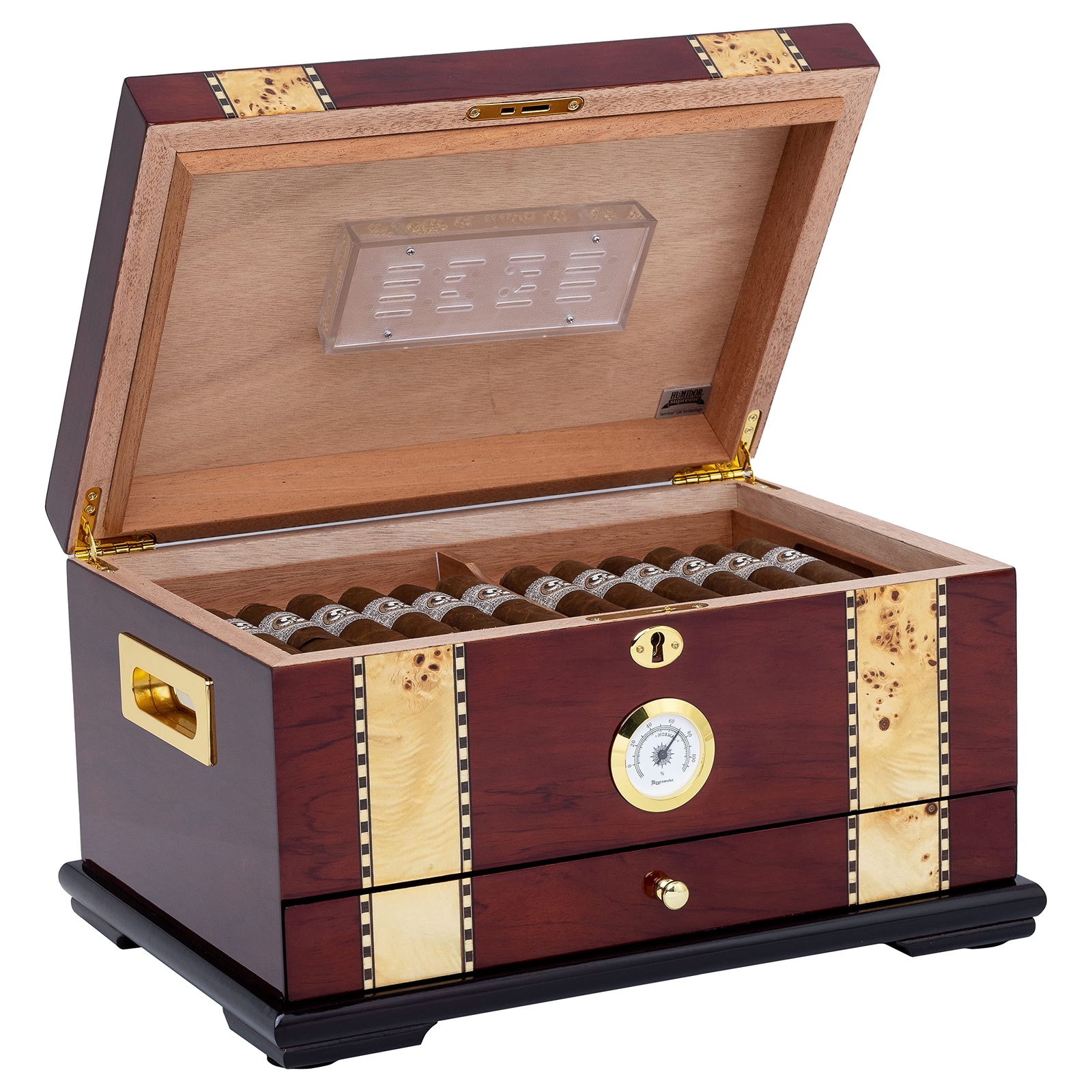 Solana Desktop Cigar Humidor, Rosewood W/ Maple-Burled Wood Inlay, Spanish Cedar