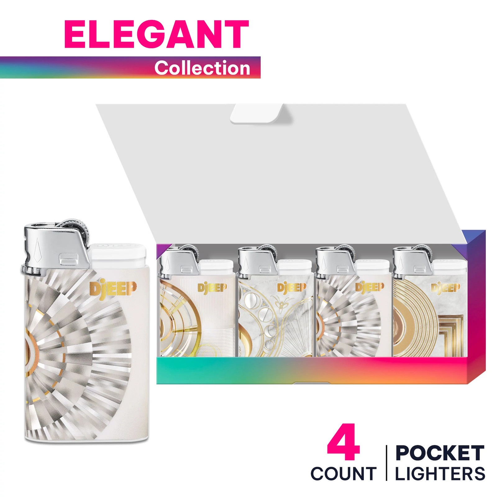 DJEEP Pocket Lighters, ELEGANT Collection, 4 Count Pack of Disposable Lighters