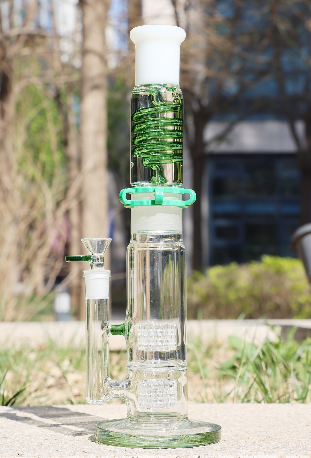 Green 14Inch Freezable Glycerin Glass Bong Perc Waterpipe With Bowl 14MM