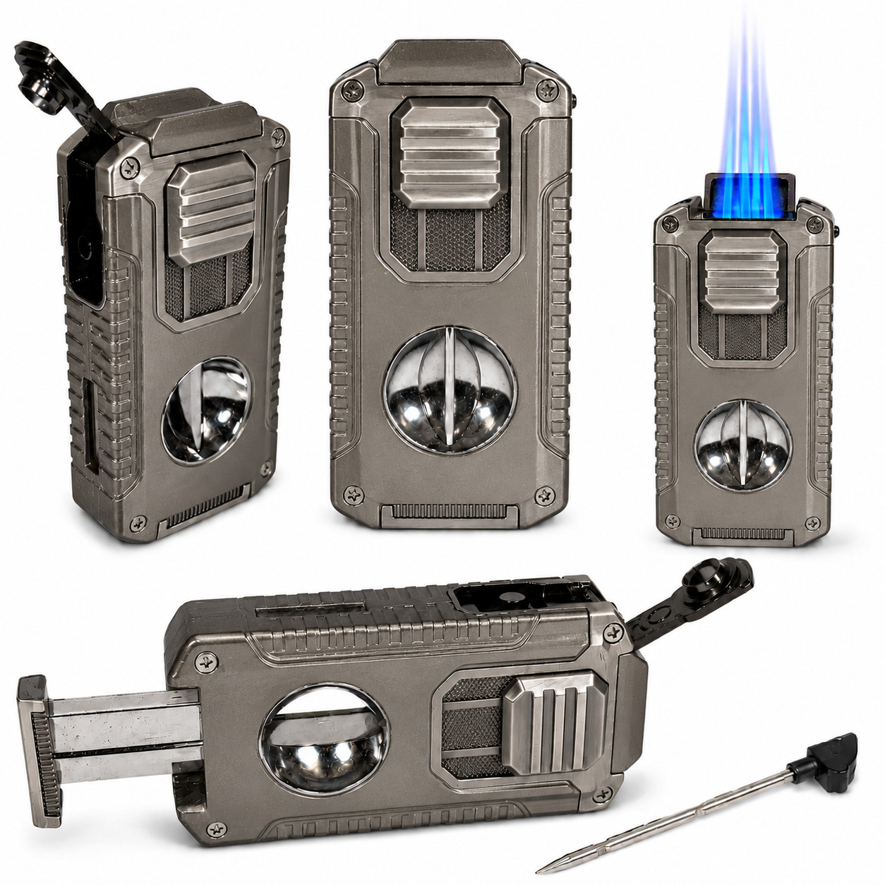 5 In 1 Triple Flame Torch Lighter, Features Cigar Rest, Draw Tool, V Cut, Punch