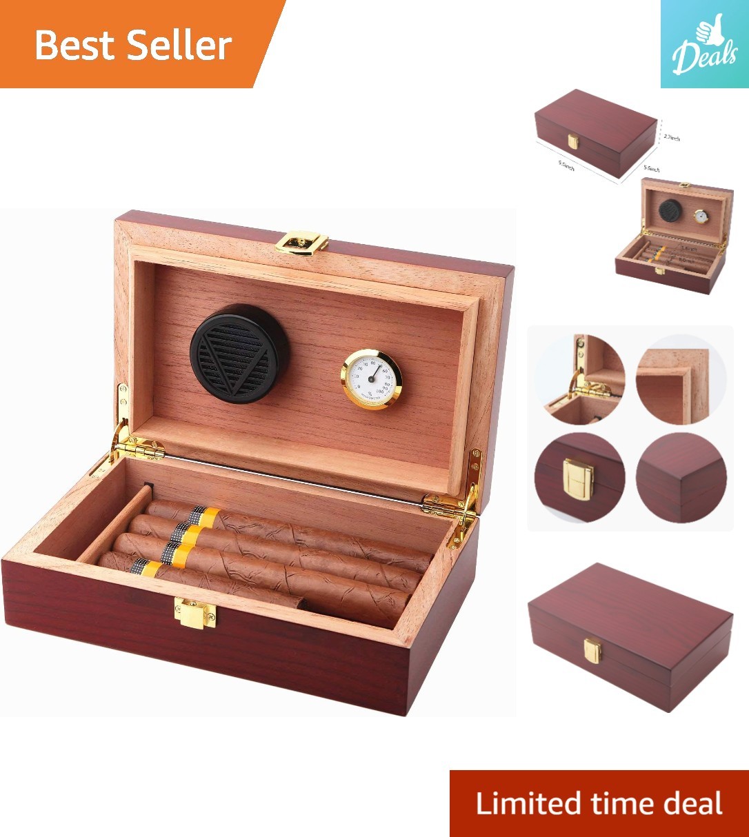 Luxury Handmade Cherry Wood Cigar Humidor Holds 10-20 Cigars with Clasp Lock