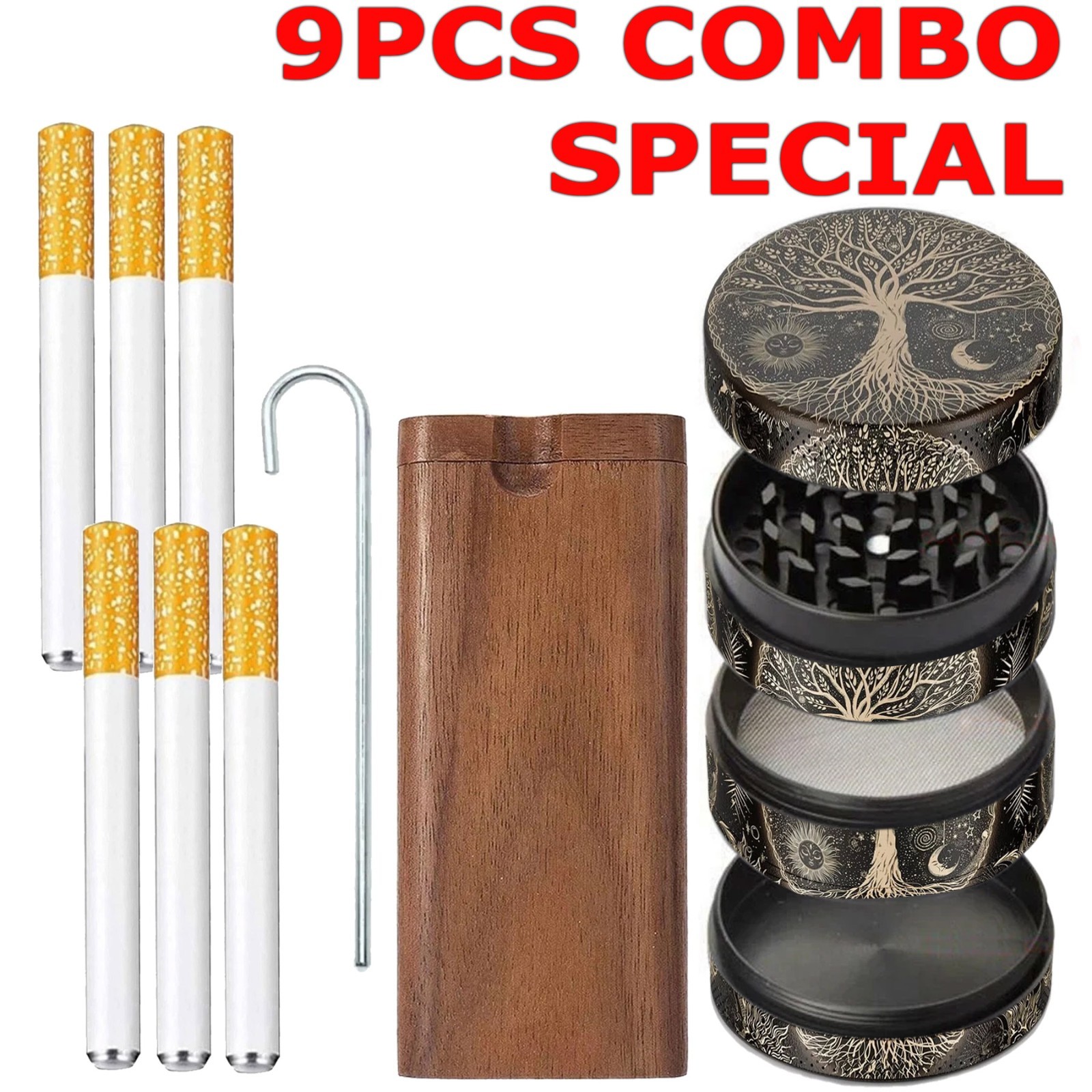 9PC Wooden Dugout Pipe Self Cleaning Metal Bat Poker Smoking Pipe One Hitter Kit