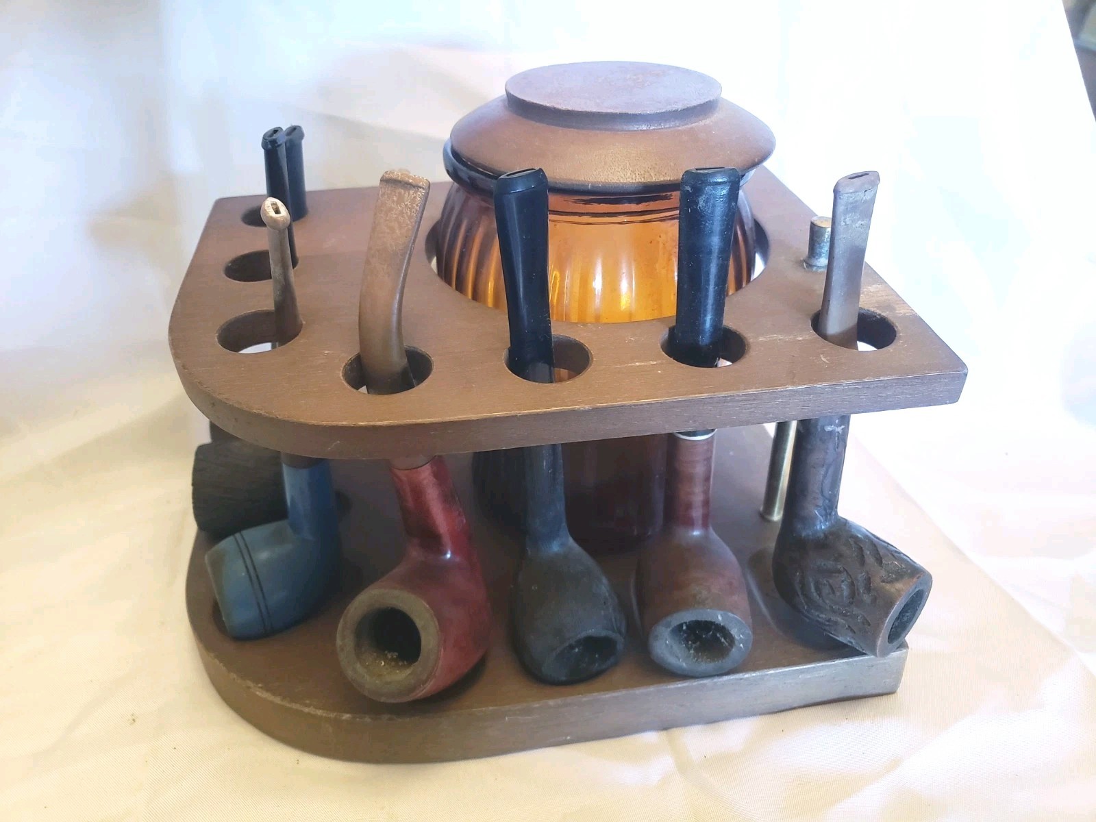 Japan Wood 7 Pipe Stand Holder Amber Glass Tobacco Jar w Humidor w 7 Pipes