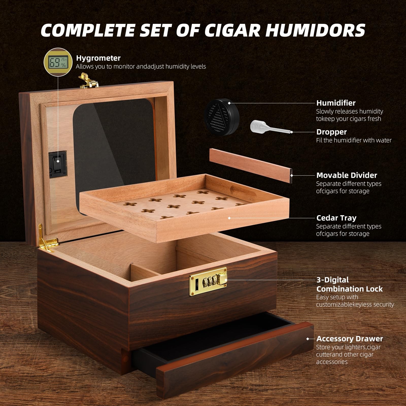 Cigar Humidor, Handcrafted Cedar Cigar Box, Glass Top Desktop Humidor with Di…