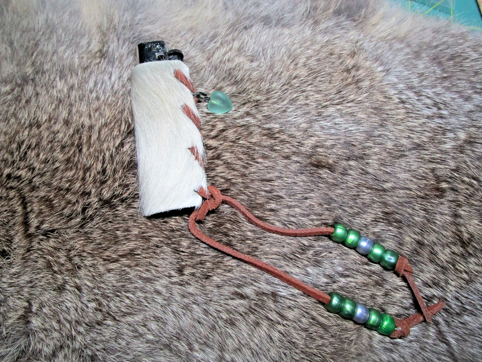 COW HIDE LEATHER HANDCRAFTED LIGHTER CASE – PEARL GREEN/SILVER BEADS – CHARM