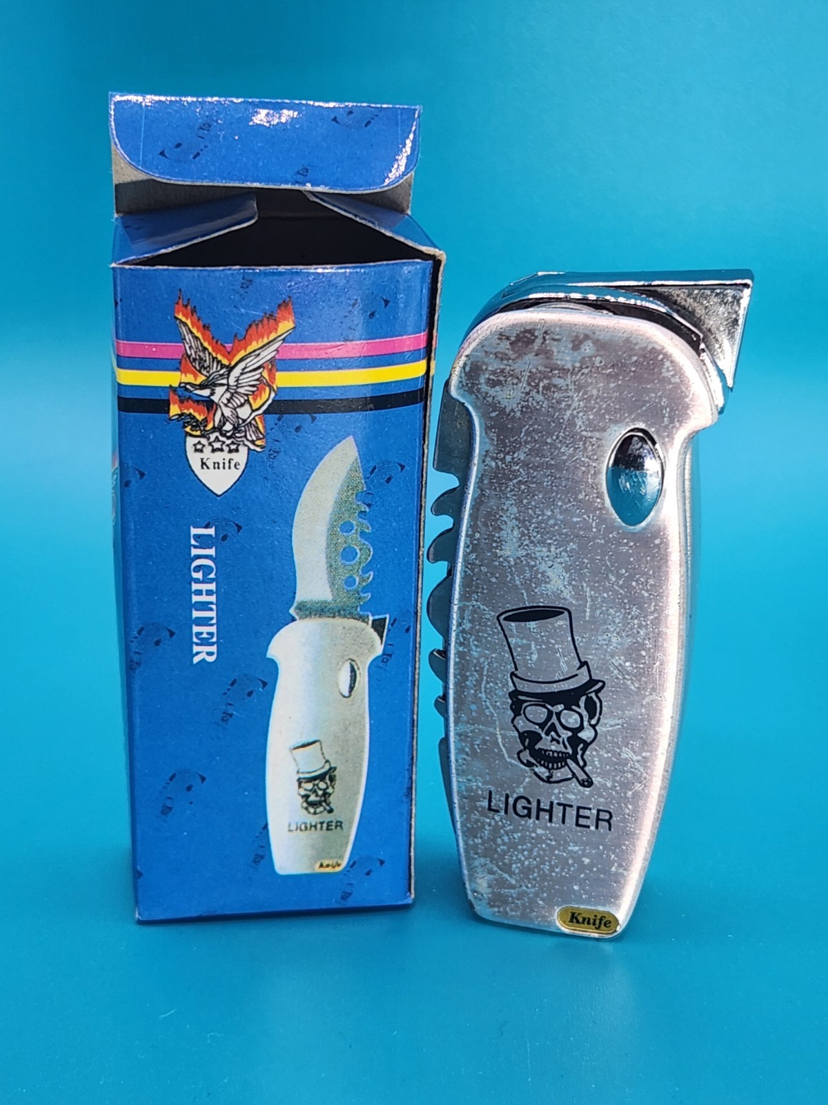 Vintage Butane Lighter Skull Head Unique USA Flag Lighter Knife Collectible