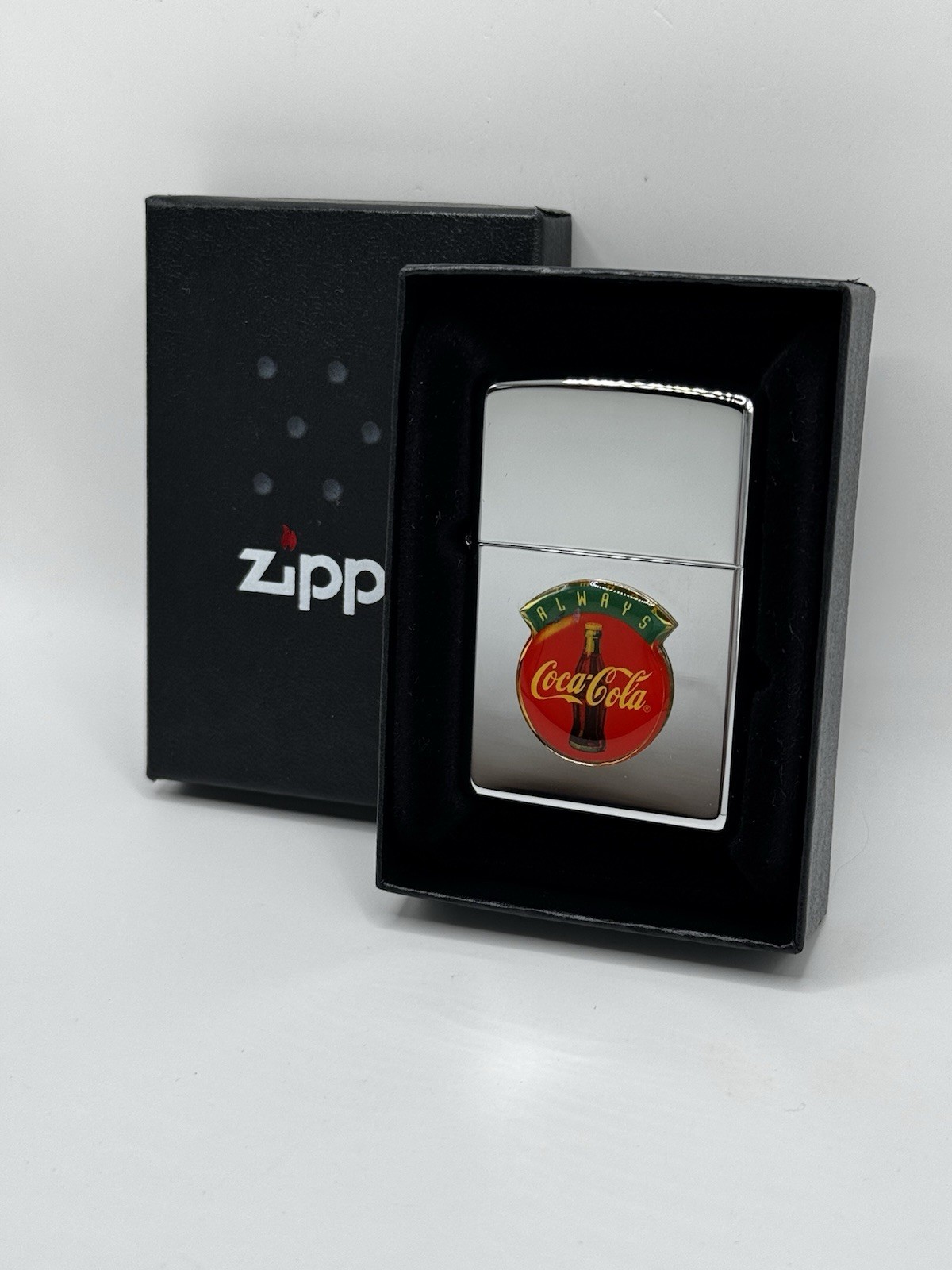 2000 ZIPPO Always Coca-Cola Raised Emblem Advertising Logo Lighter NIB UNFIRED